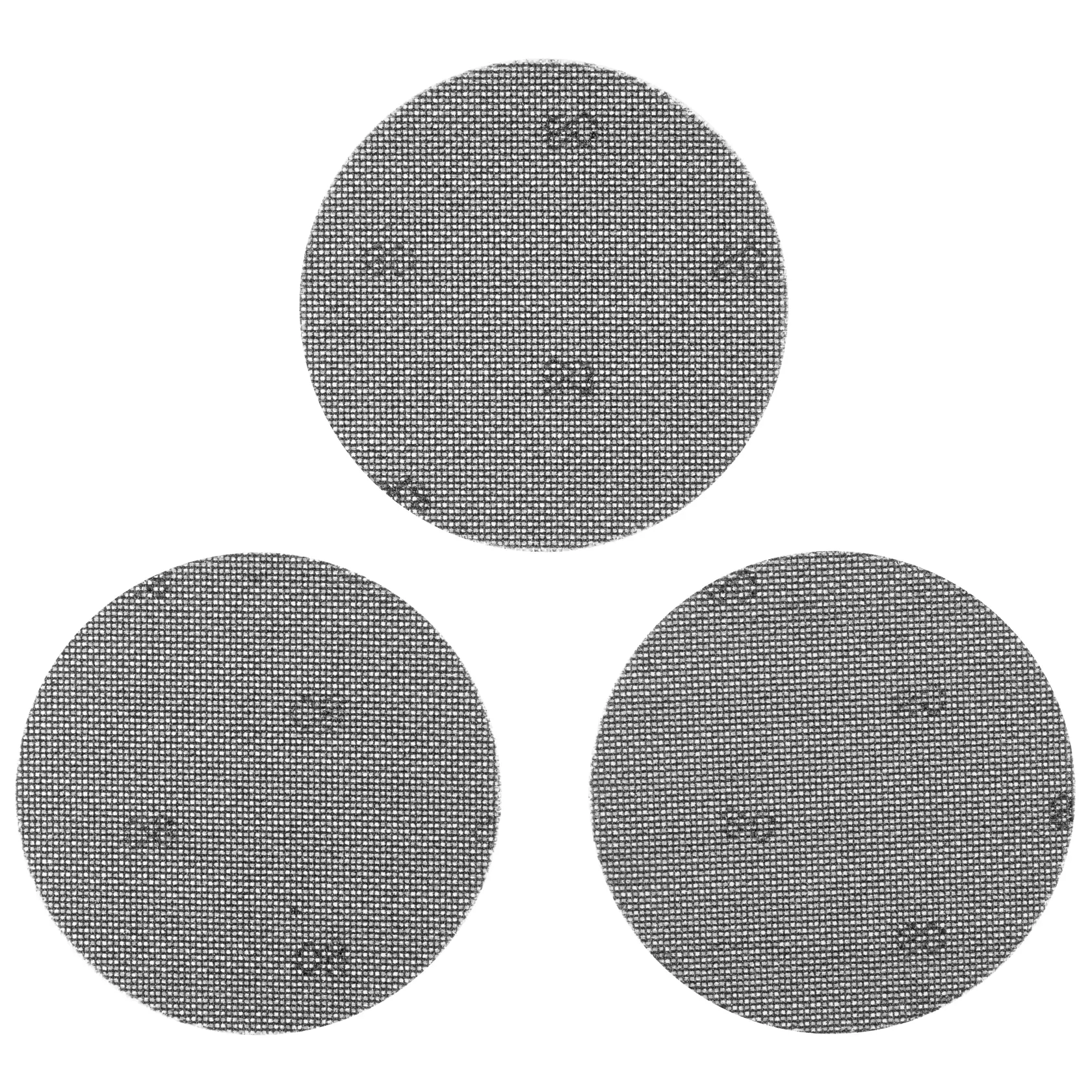 STANLEY STA39282 pack of three round mesh sanding discs, grey, top view, product photography.
