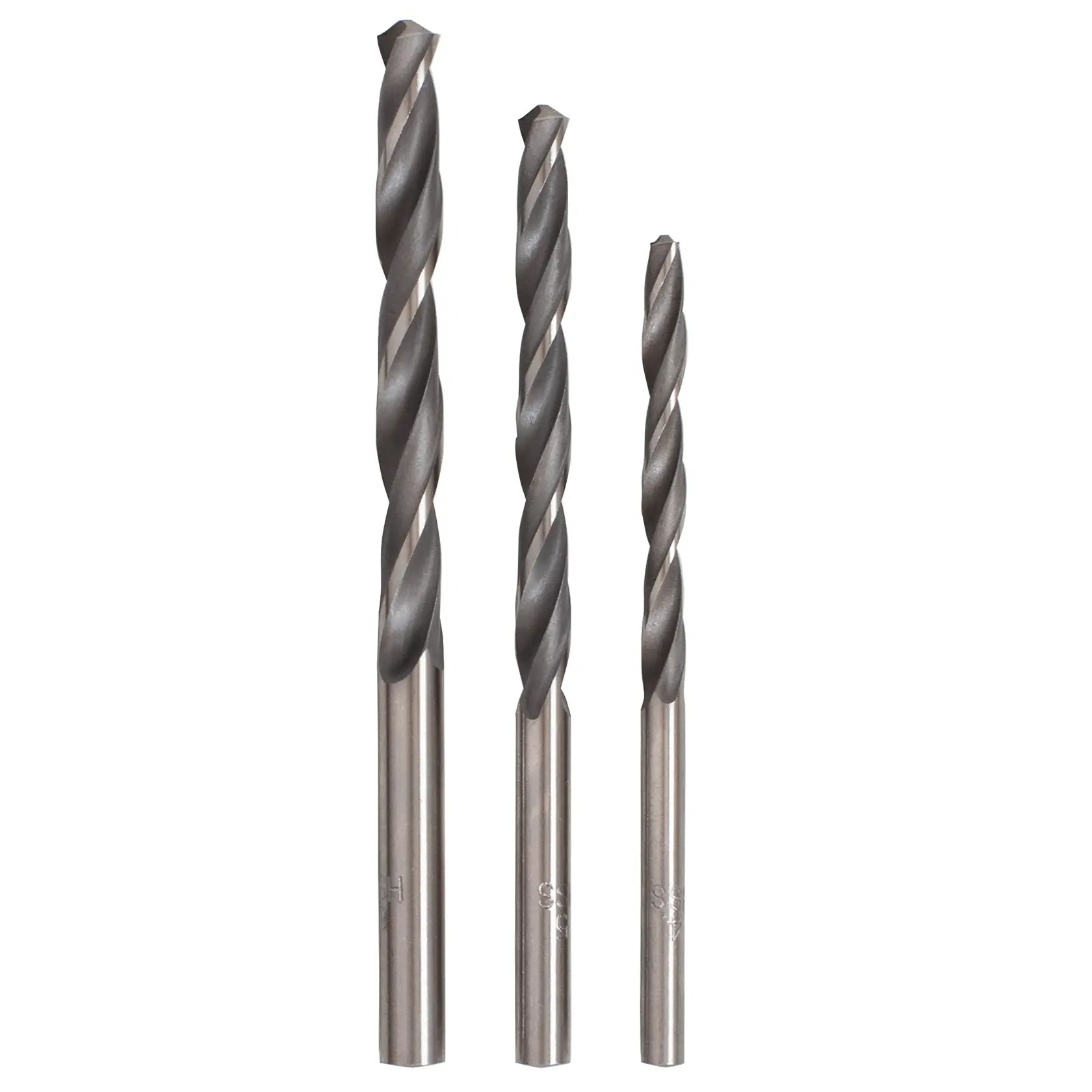 STANLEY STA50755 set of three metal drill bits, silver, front angle, photography.