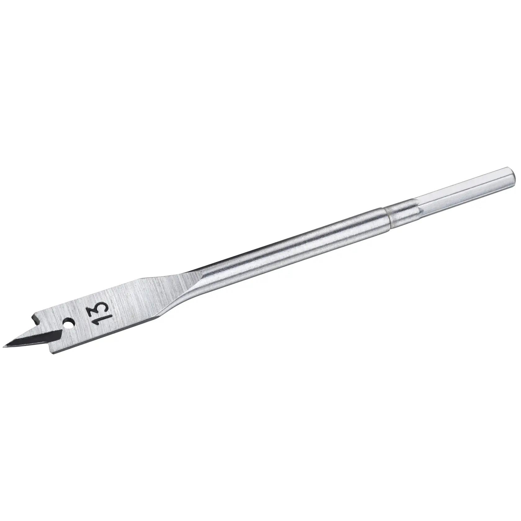 A metal flat wood drill bit marked 13, for creating holes in wood, shown against a white background.