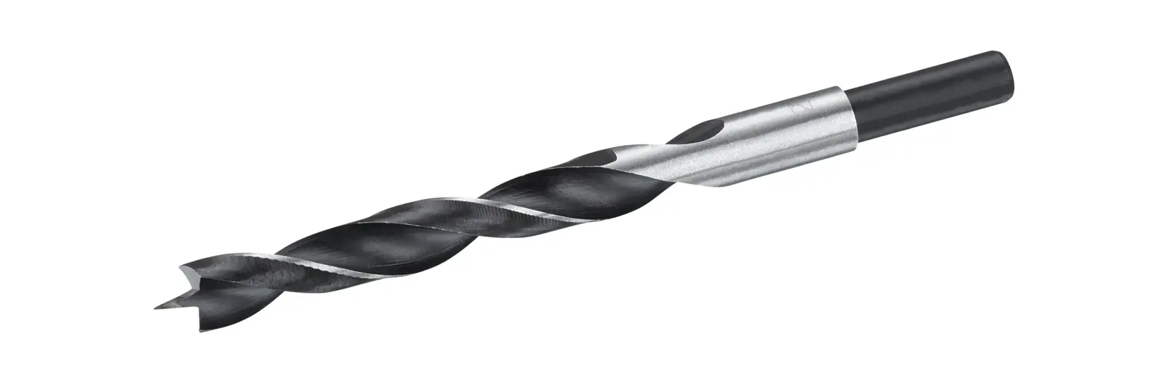 STANLEY STA52041 straight-on photo of black and silver wood drill bit with pointed tip.