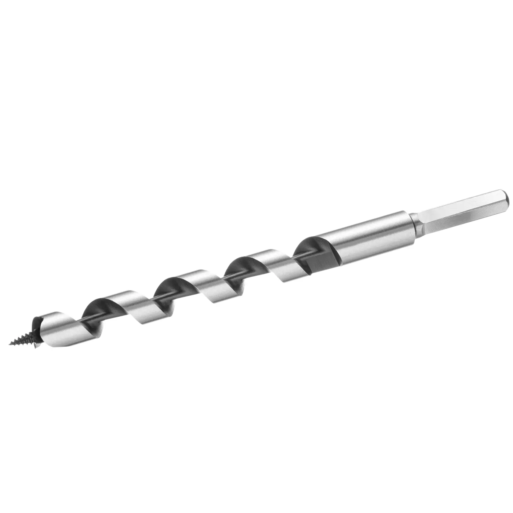STANLEY STA52105 auger drill bit, silver and black, hex shank, wood drilling accessory, side angle on white background.