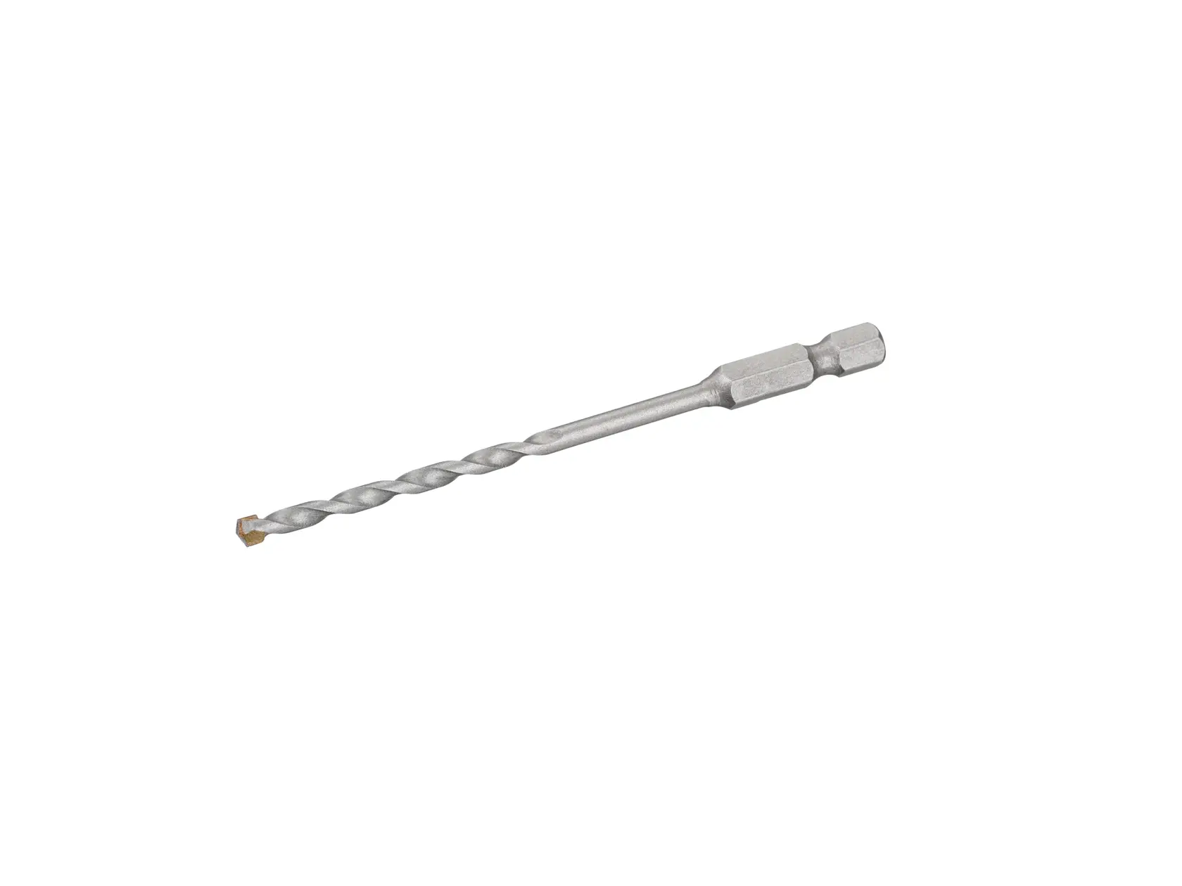 STANLEY STA53008 masonry drill bit with hex shank, silver, photographed on white background, side angle.