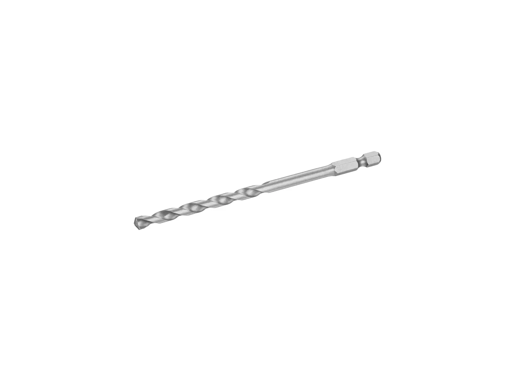 STANLEY STA53018 hex shank drill bit, silver metal, side angle, on white background.