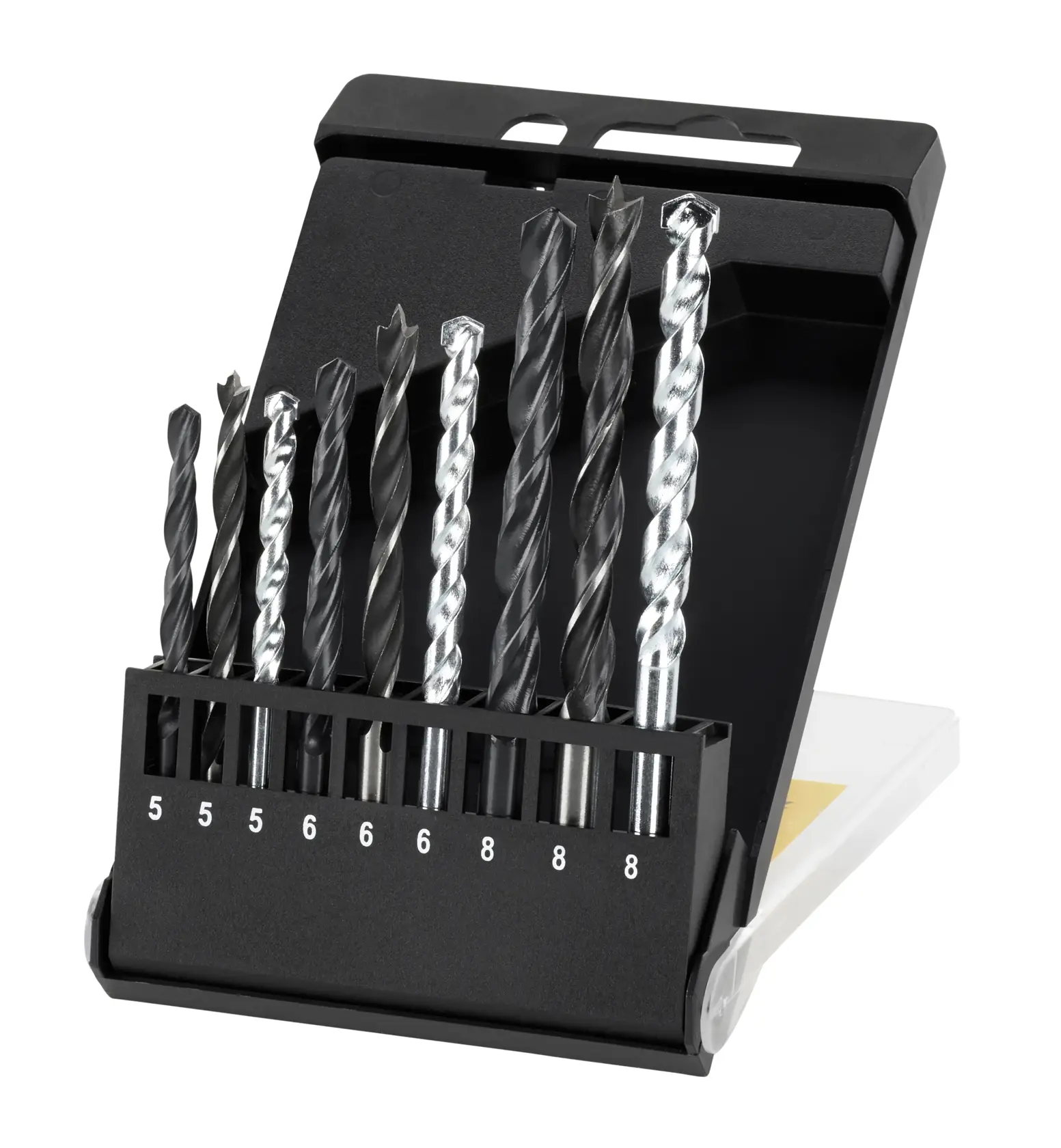STANLEY STA56005 drill bit set in black case, front angle, with labeled slots for different sizes.