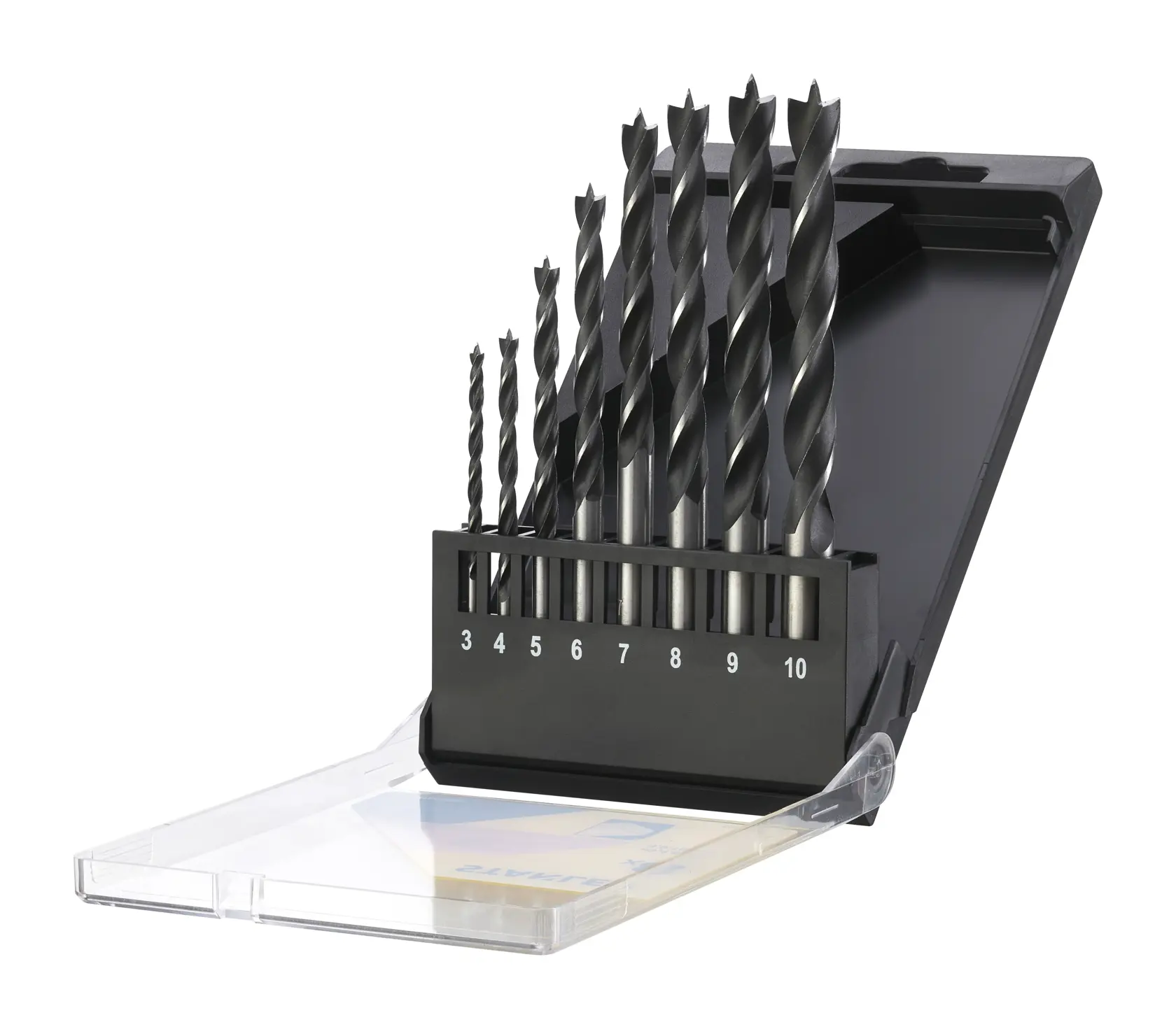STANLEY STA56006 drill bit set in open black case, showing sizes 3-10, angled view, photography product.