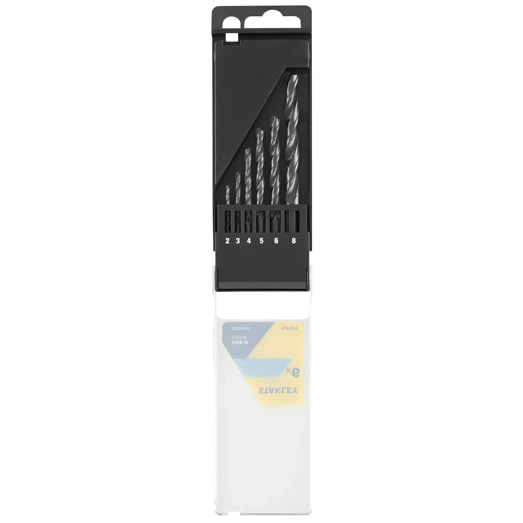 STANLEY STA56010 drill bit set with six metal drill bits in black plastic case, front view on white background.