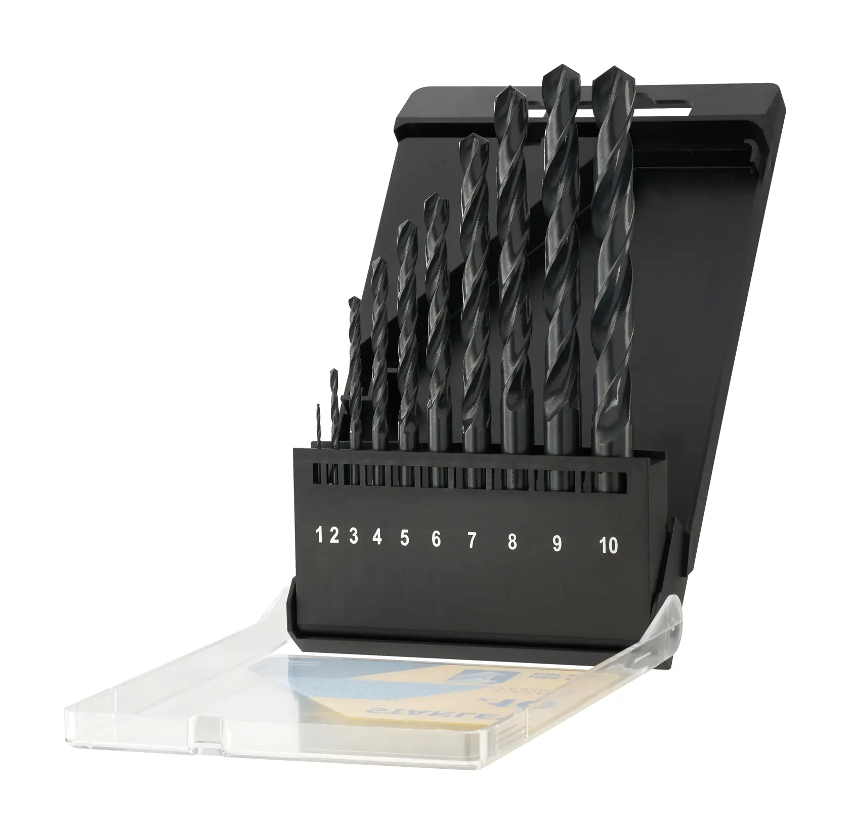 STANLEY STA56030 drill bit set with ten black metal bits in numbered plastic case, front angle.