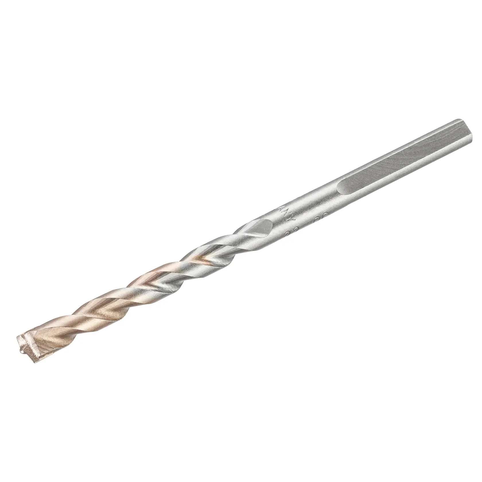 STANLEY STA58502 masonry drill bit, silver and bronze, side angle, tool photography on white background.