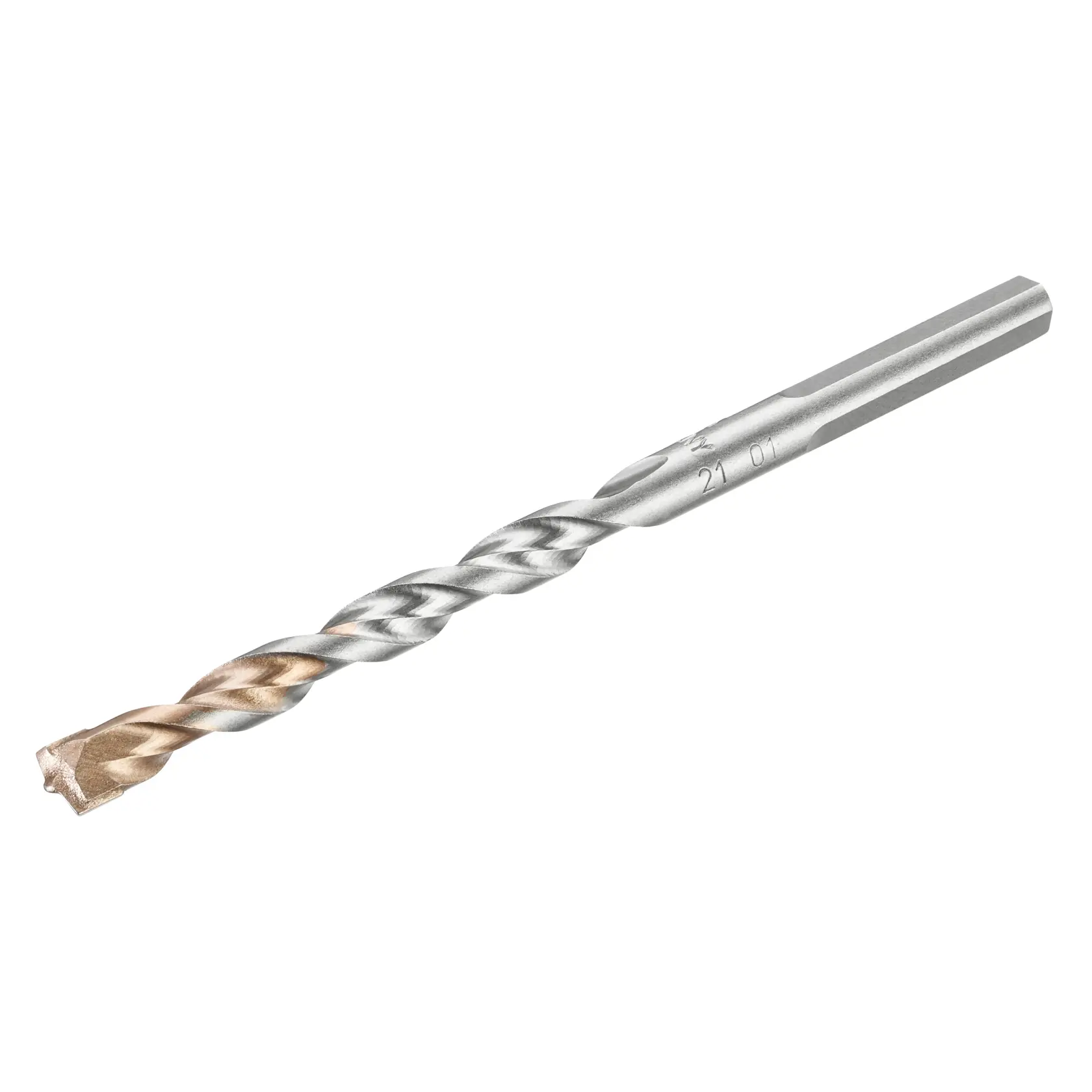 STANLEY STA58505 silver and bronze masonry drill bit, side angle, photography product category.