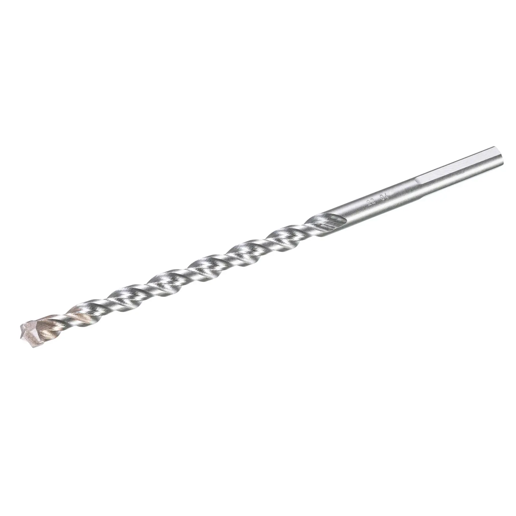 STANLEY STA58705 masonry drill bit, silver, spiral fluted, side angle photo on white background.