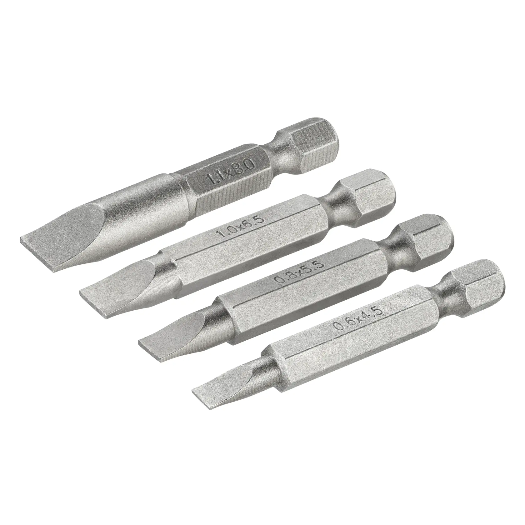 STANLEY STA60115 set of four silver slotted screwdriver bits, photography, angled view on white background.