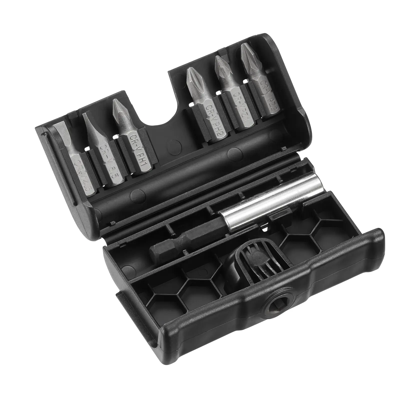 STANLEY STA60480 screwdriver bit set in black plastic case, angled view on white background.