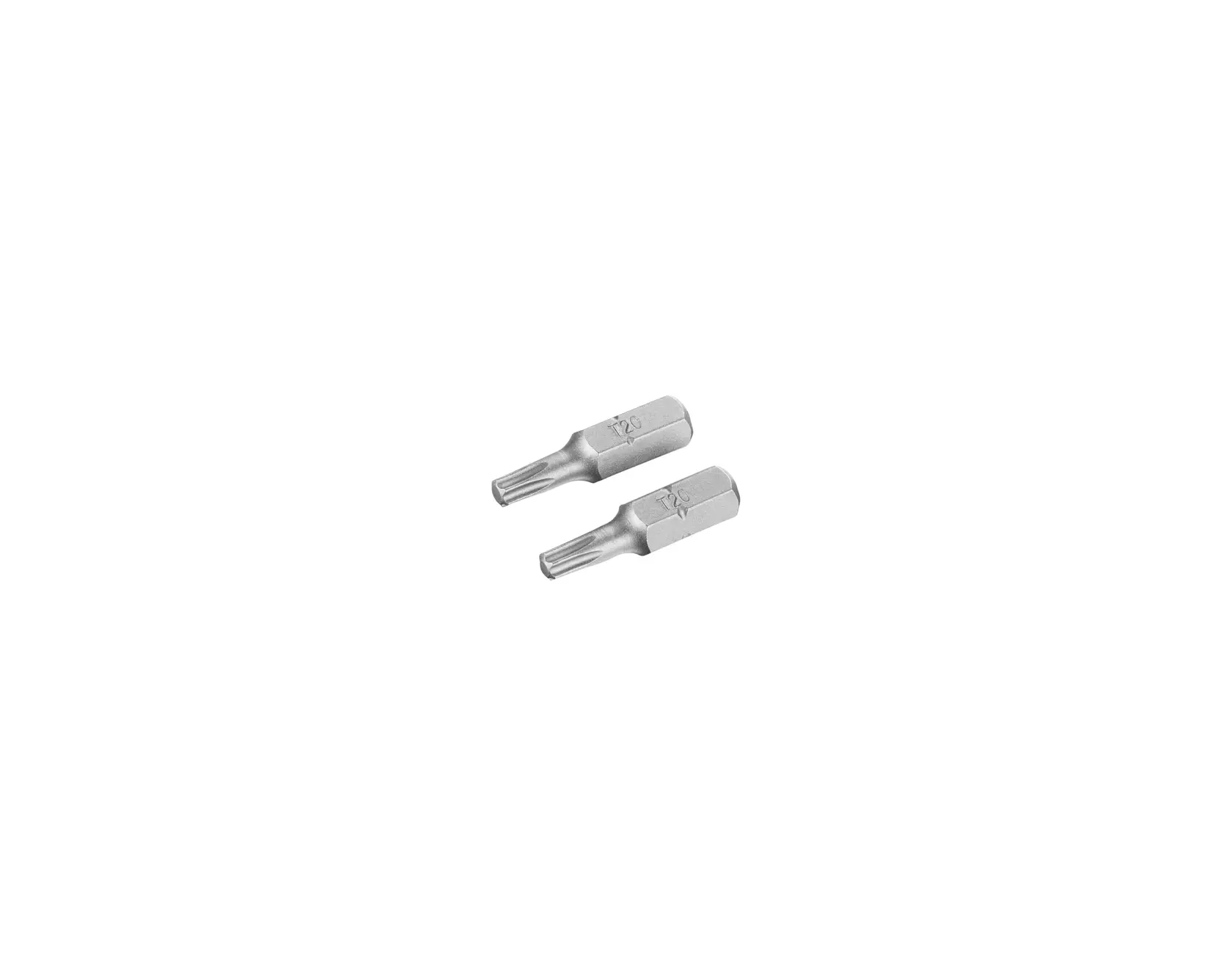 STANLEY STA61062 silver screwdriver bits set, two Torx bits, top view on white background.