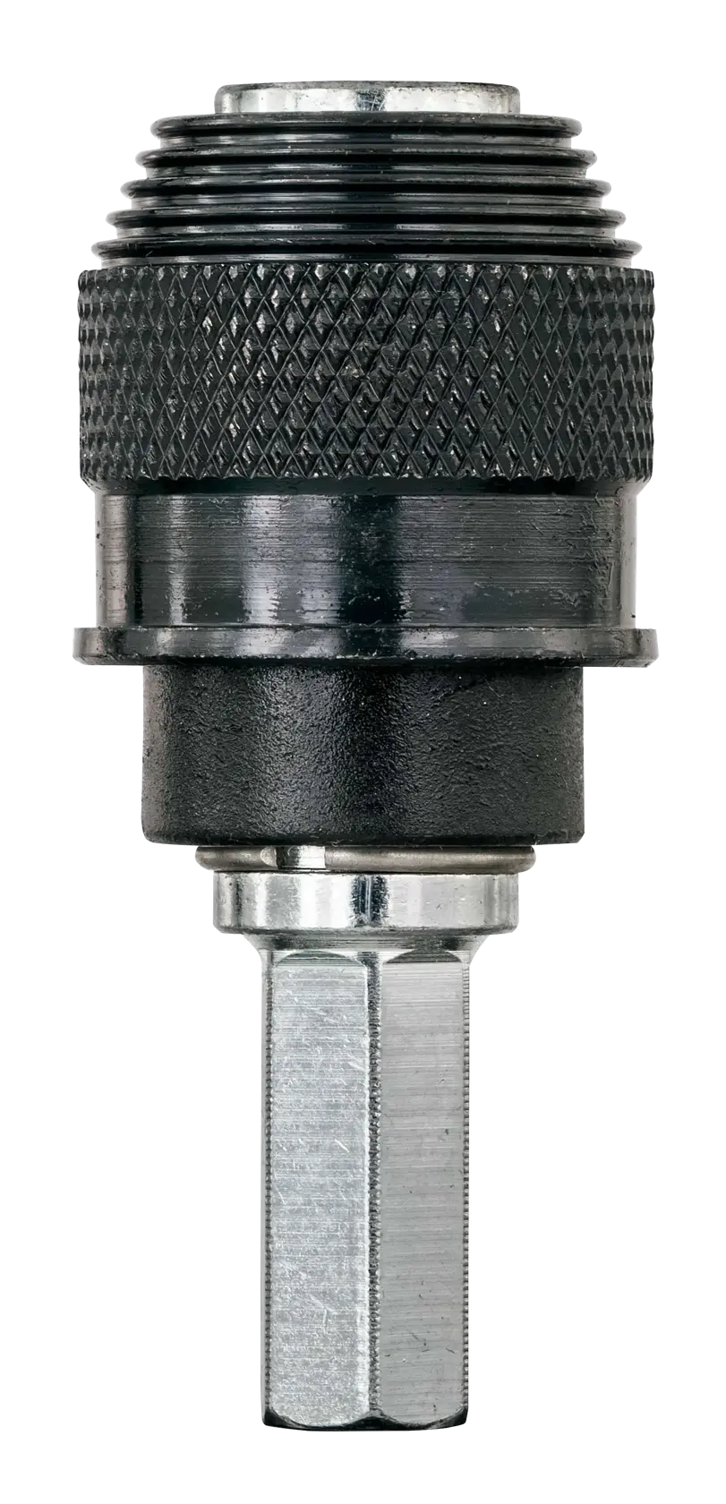 STANLEY STA66371 hex shank drill chuck adapter, black and silver, front angle on white background.