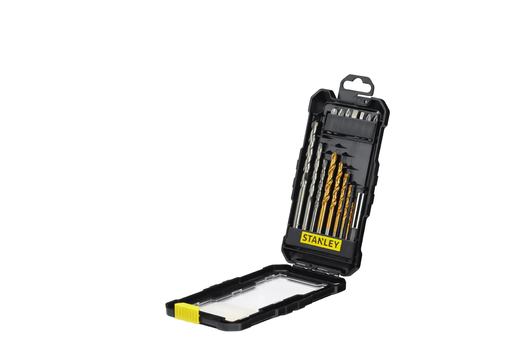 STANLEY STA7221 drill bit set in black plastic case, open at an angle, showing assorted metal bits.