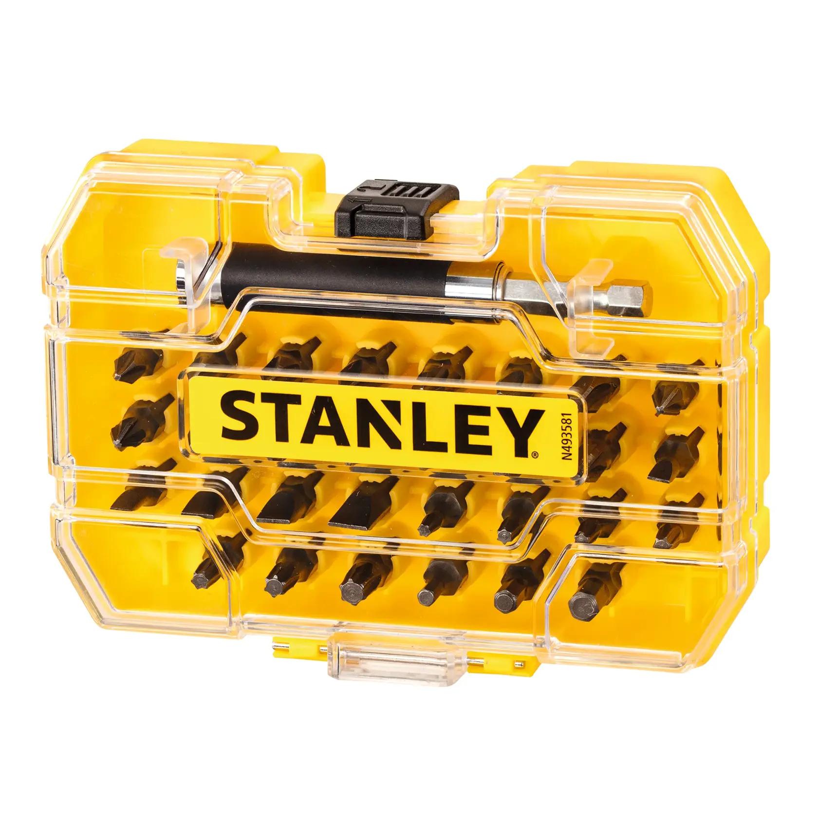 Stanley yellow bit set box with multiple screwdriver bits and a clear plastic lid.