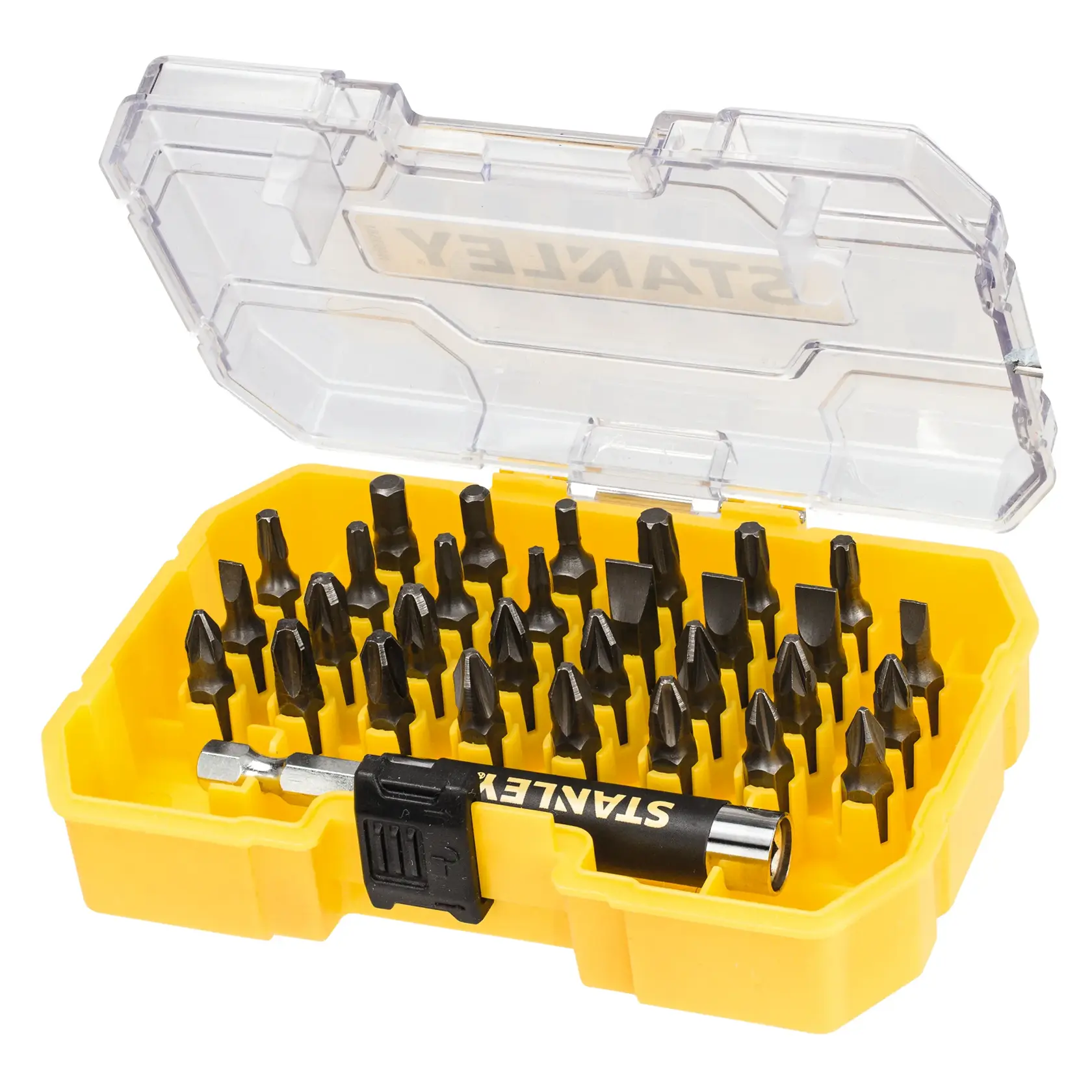Stanley STA7228 yellow screwdriver bit set with clear lid, front angle, assorted bits and holder.