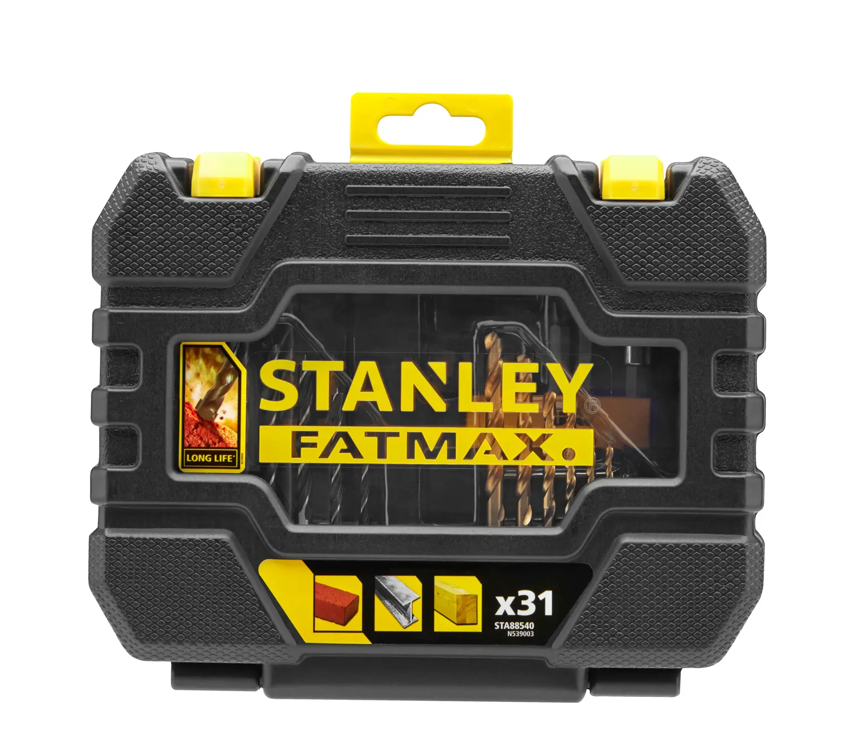 Stanley FatMax 31-piece drill bit set in a black and yellow hard plastic carrying case.