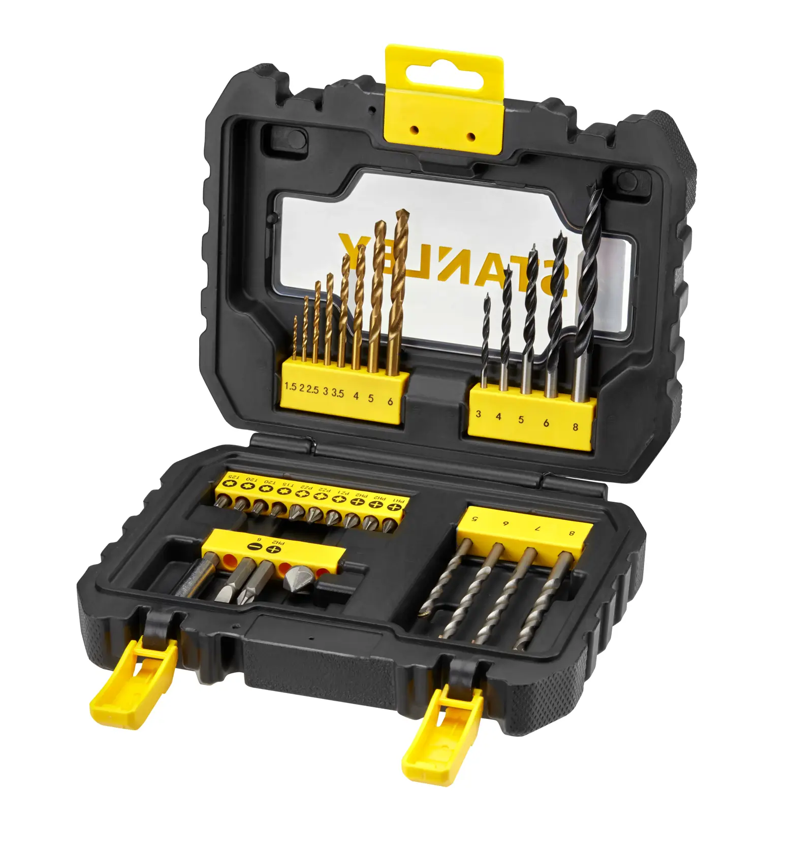 STANLEY STA88550 drill and screwdriver bit set in black and yellow hard case, shown open on white background.