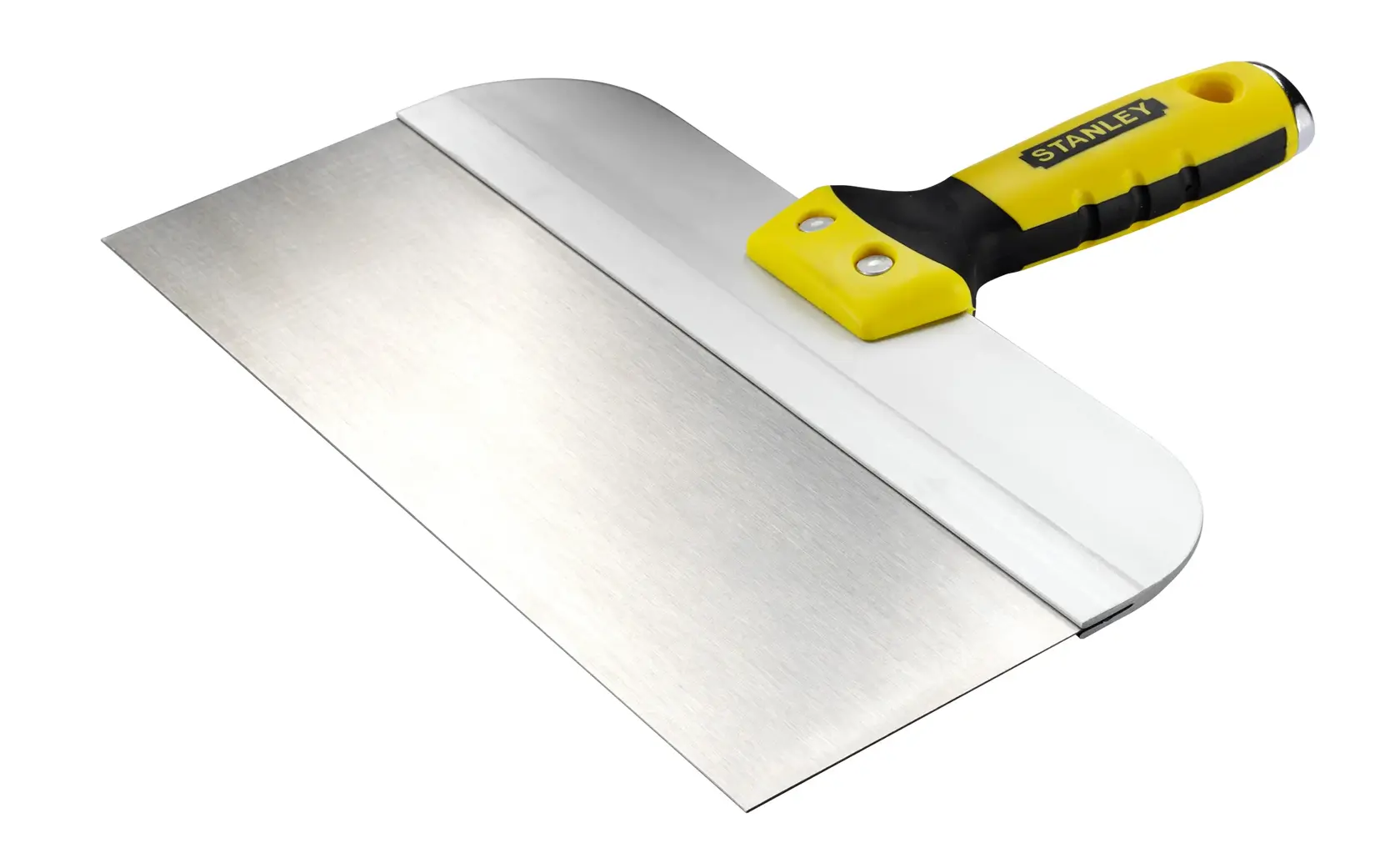 STANLEY STHT0-05771 plastering knife with wide stainless steel blade and yellow-black ergonomic handle, angled view.