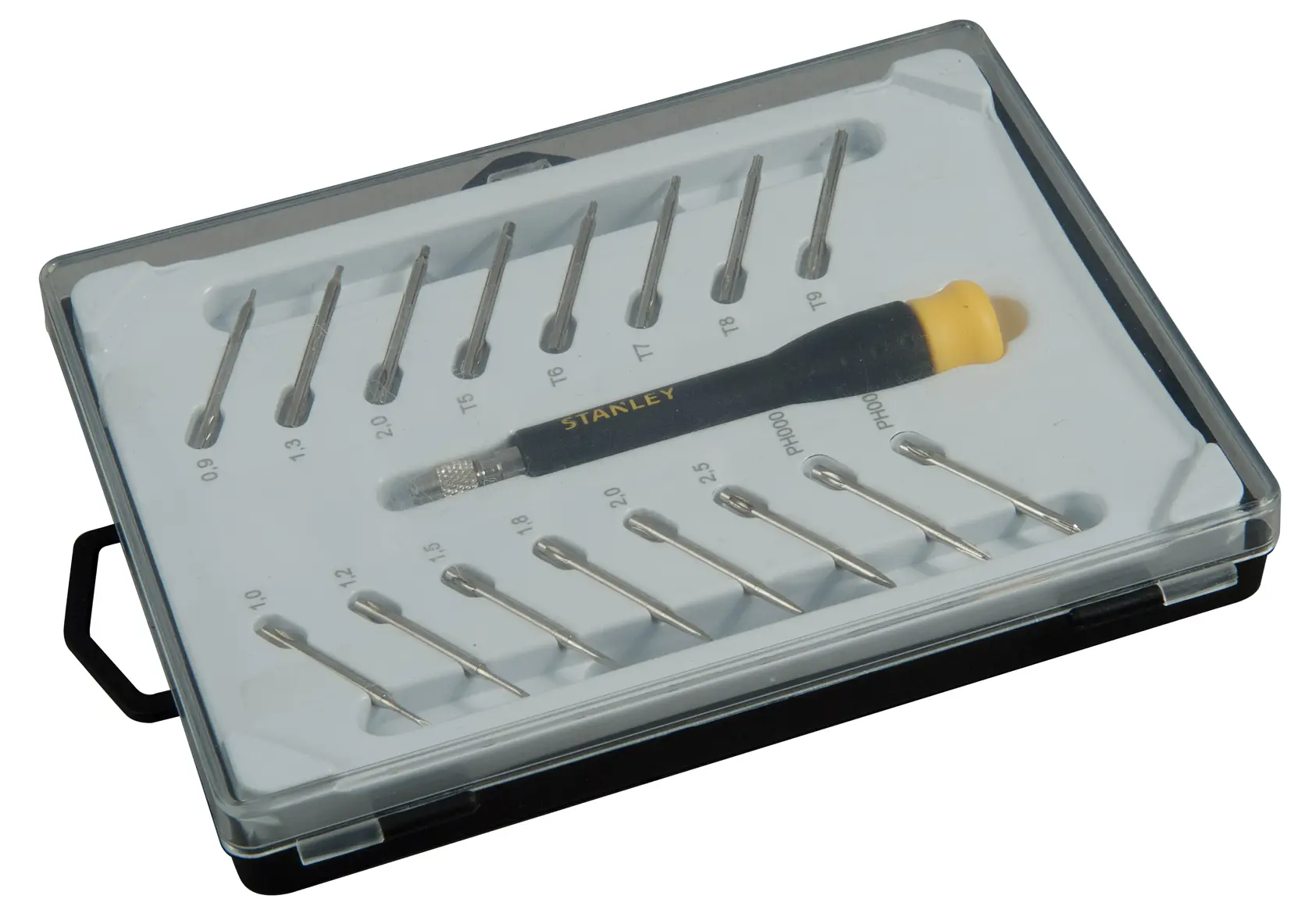 Photo of STANLEY STHT0-62633 precision screwdriver set with multiple bits in a transparent plastic case, angled view.
