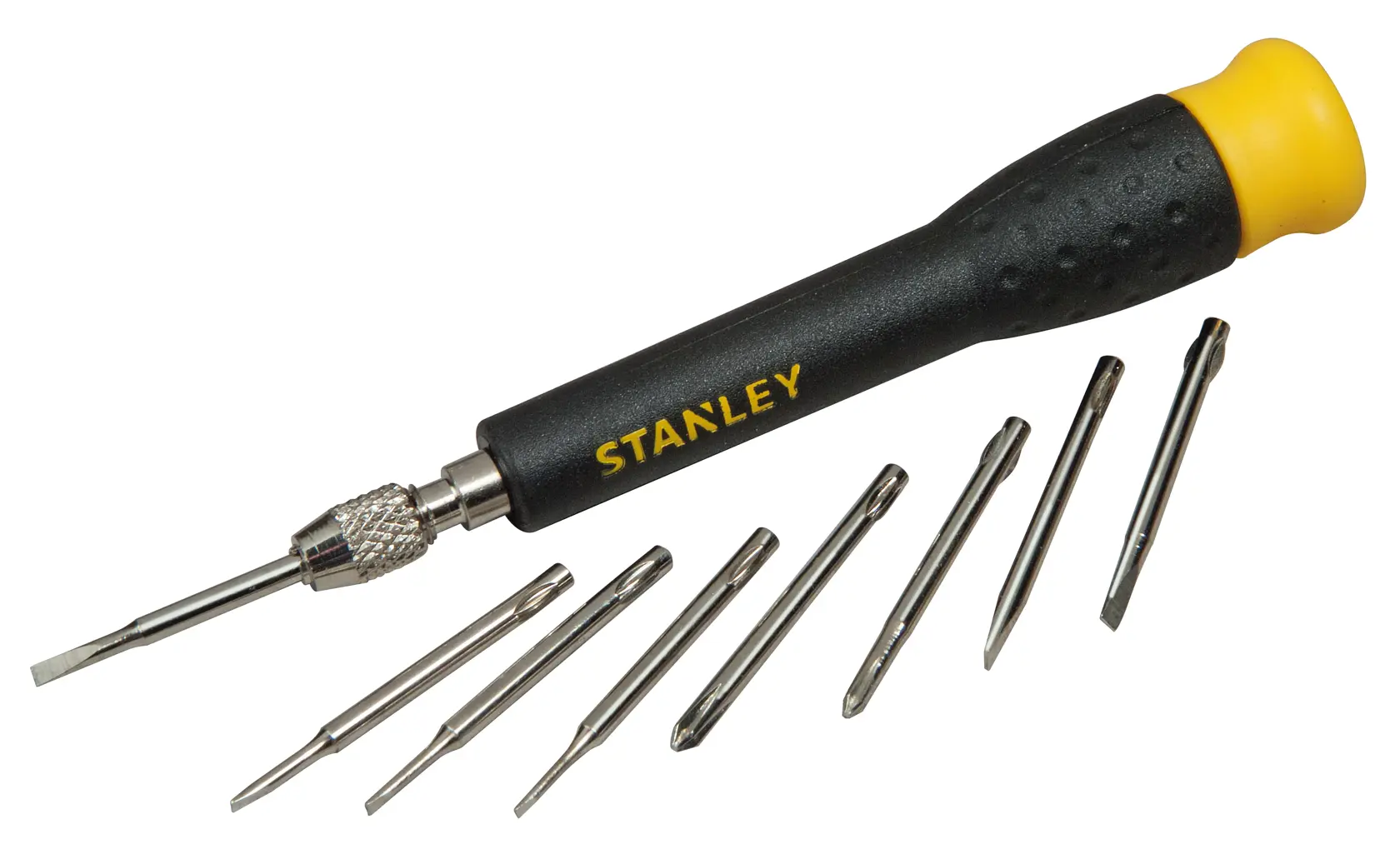 STANLEY STHT0-62633 precision screwdriver set with black and yellow handle and seven interchangeable bits, white background.