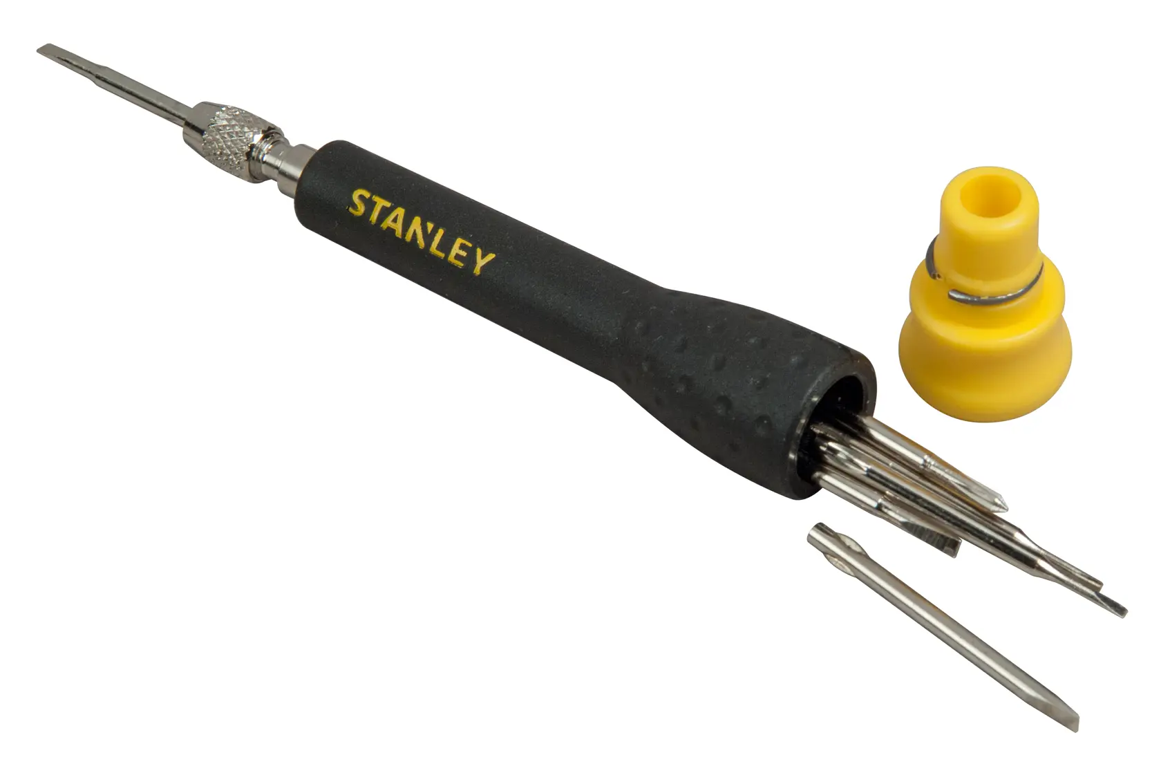STANLEY STHT0-62633 black precision screwdriver set with interchangeable bits and yellow cap, angled view.