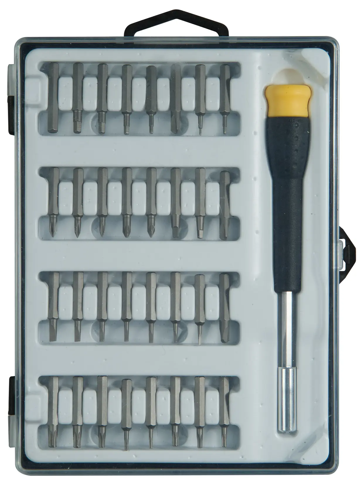 STANLEY STHT0-62634 screwdriver bit set with handle in clear plastic case, top view.