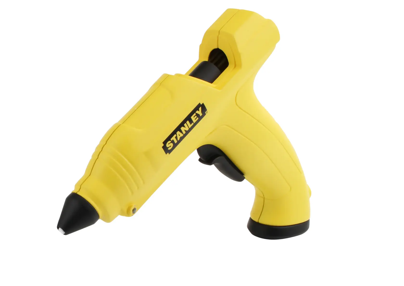 Stanley yellow hot glue gun with black nozzle, shown on a white background.