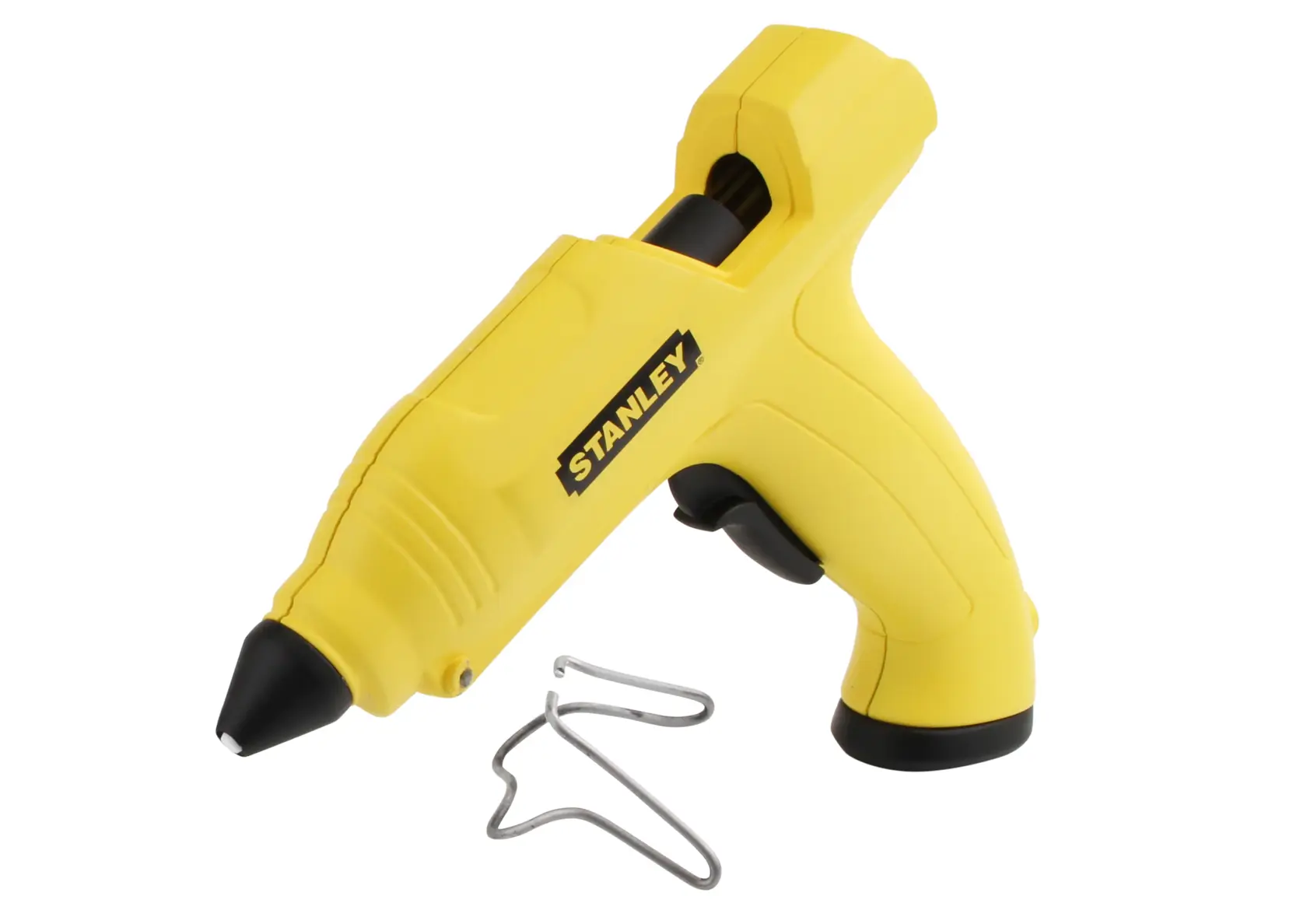 Photo of STANLEY STHT0-70416 yellow hot glue gun with black nozzle, shown with metal stand, on white background.