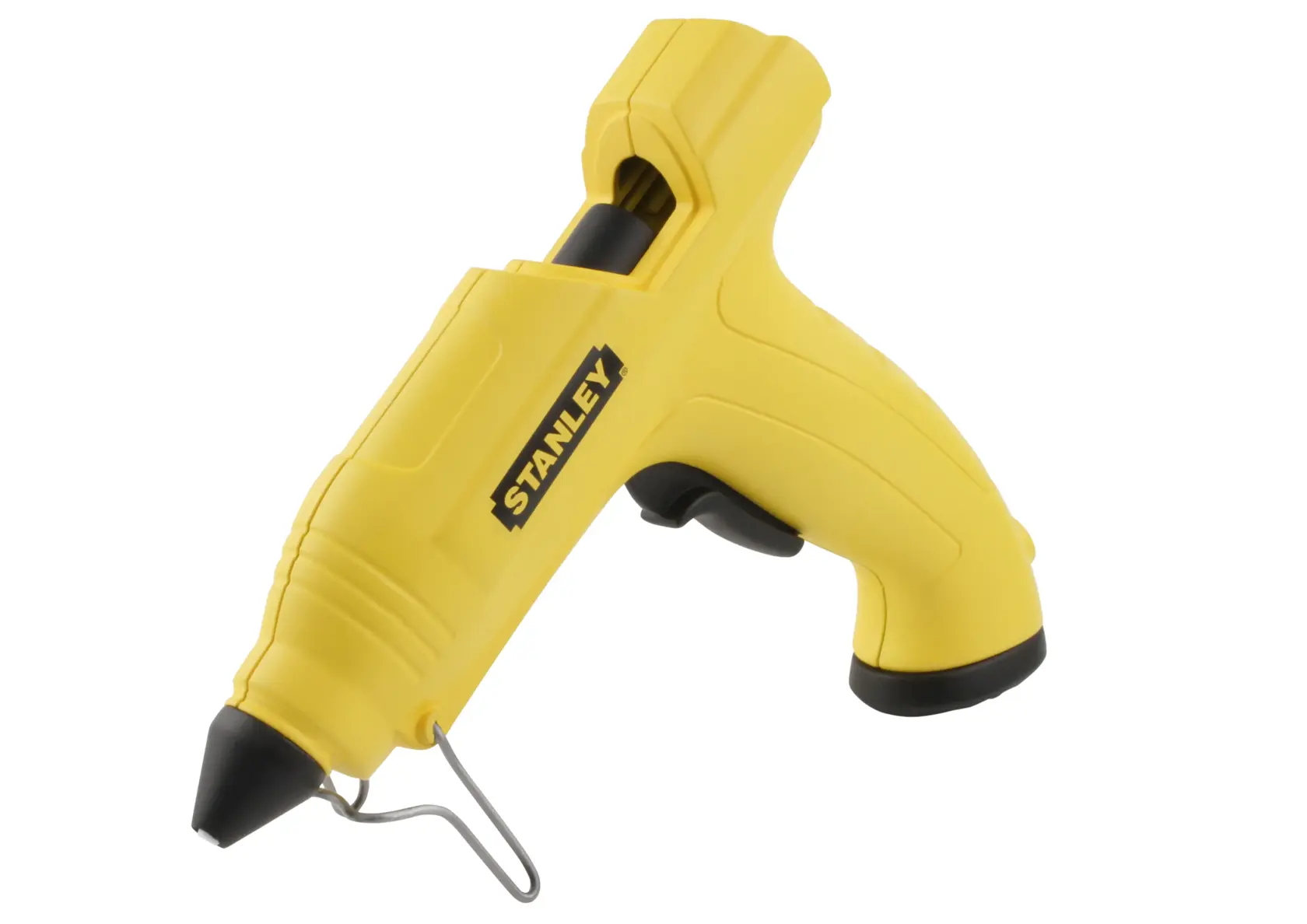 Yellow Stanley hot glue gun with black tip and trigger, shown on a white background.