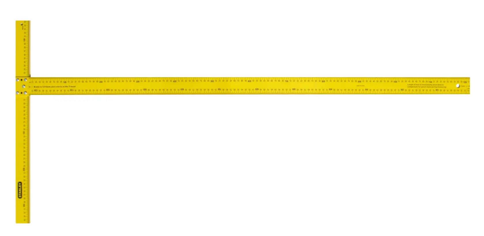 STANLEY STHT1-05894 yellow T-square ruler, top view, with metric markings, photography on white background.