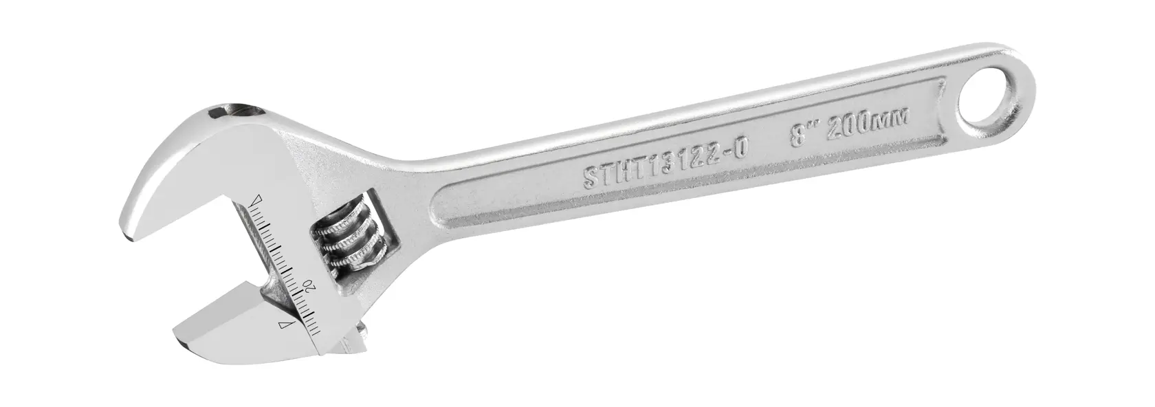 Silver adjustable wrench with measurement markings, Stanley brand, 8 inch size, hole on handle end.