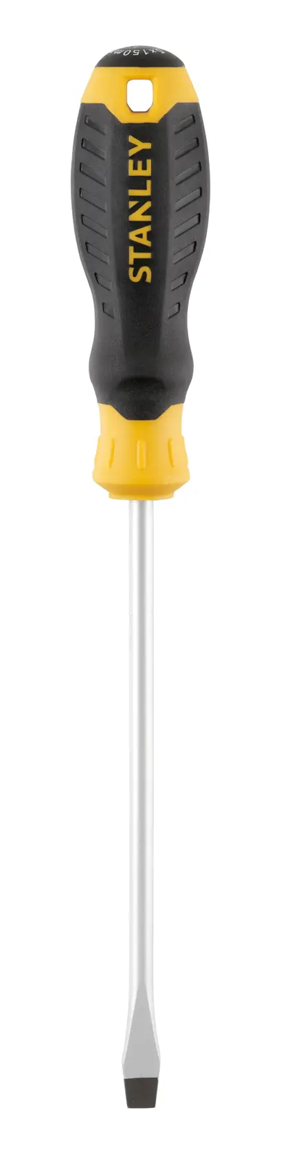 STANLEY STHT16148-0 slotted screwdriver with yellow and black handle, front view on white background.