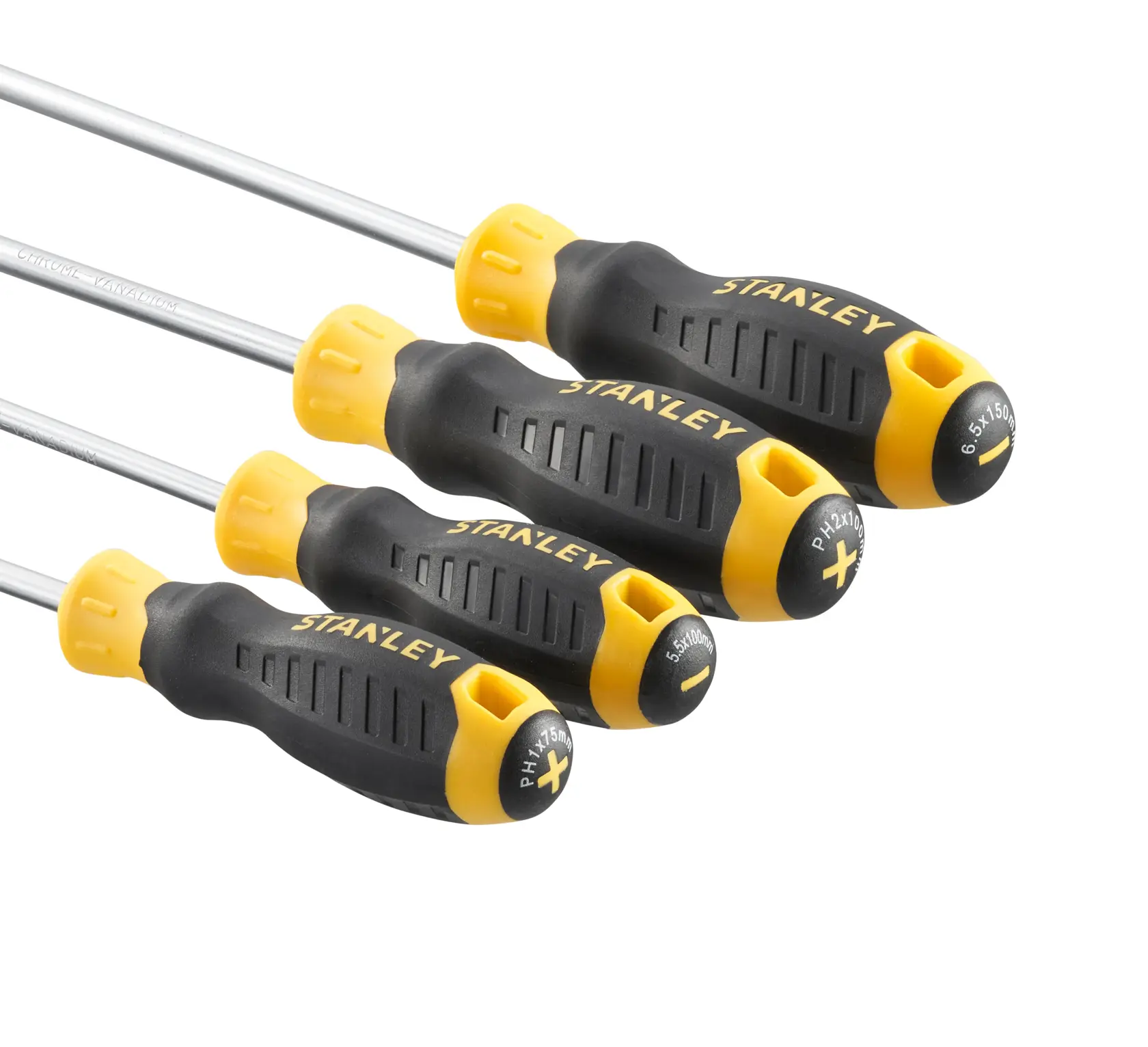 STANLEY STHT16169-0 screwdriver set, black and yellow handles, photography, top angle on white background.