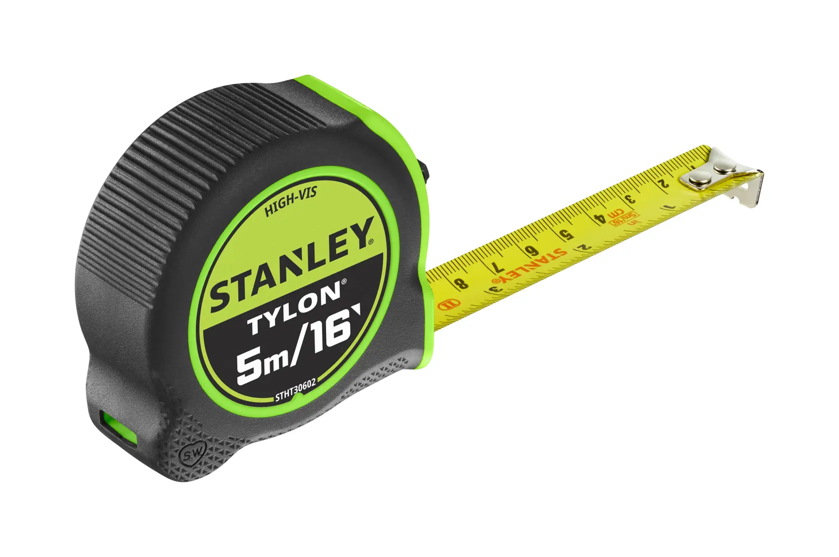 STANLEY STHT30602-1 tape measure with black and green case, extended yellow blade, side view.