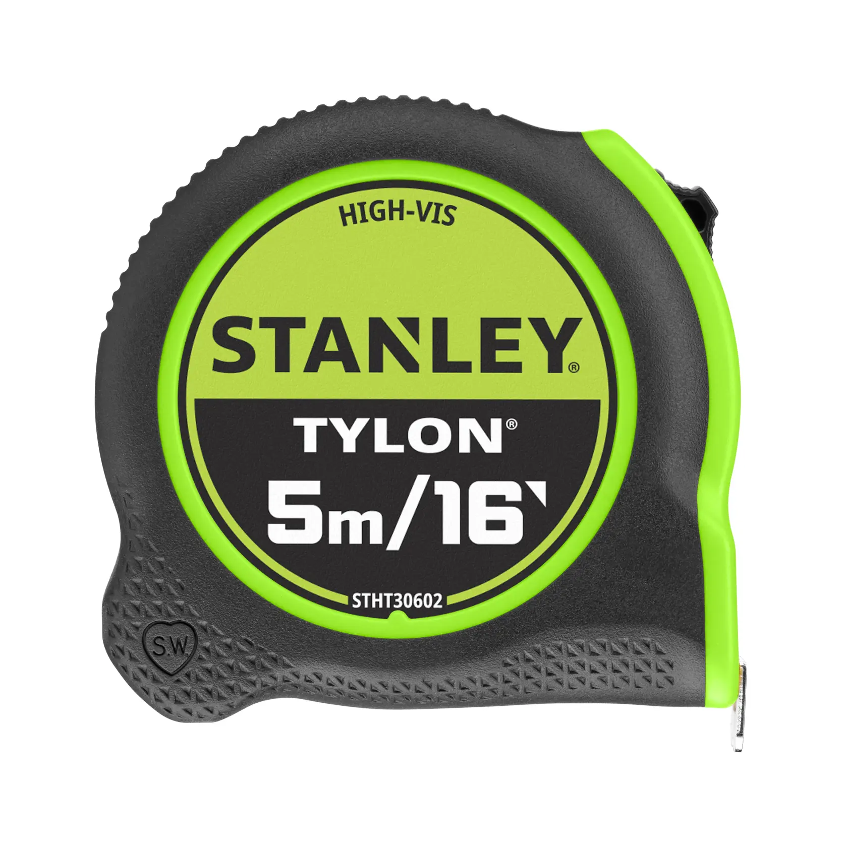 STANLEY STHT30602-1 5m/16' Tylon tape measure, black and high-visibility green, front angle, white background.