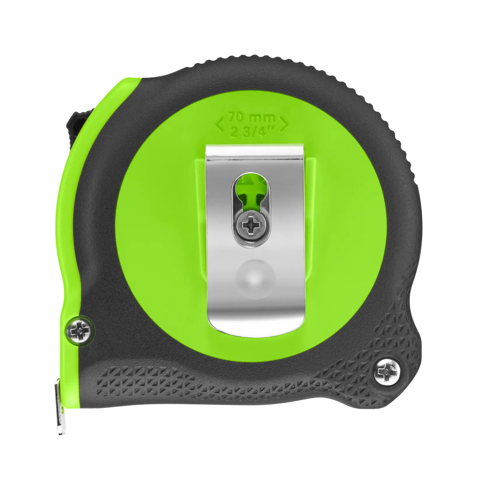 STANLEY STHT30602-1 tape measure with black and green case, belt clip, rear view, product photography.