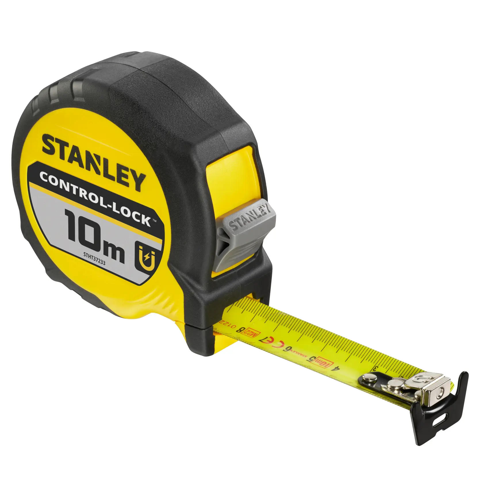STANLEY STHT37233-0 tape measure, yellow and black, 10m length, photography, side angle on white background.