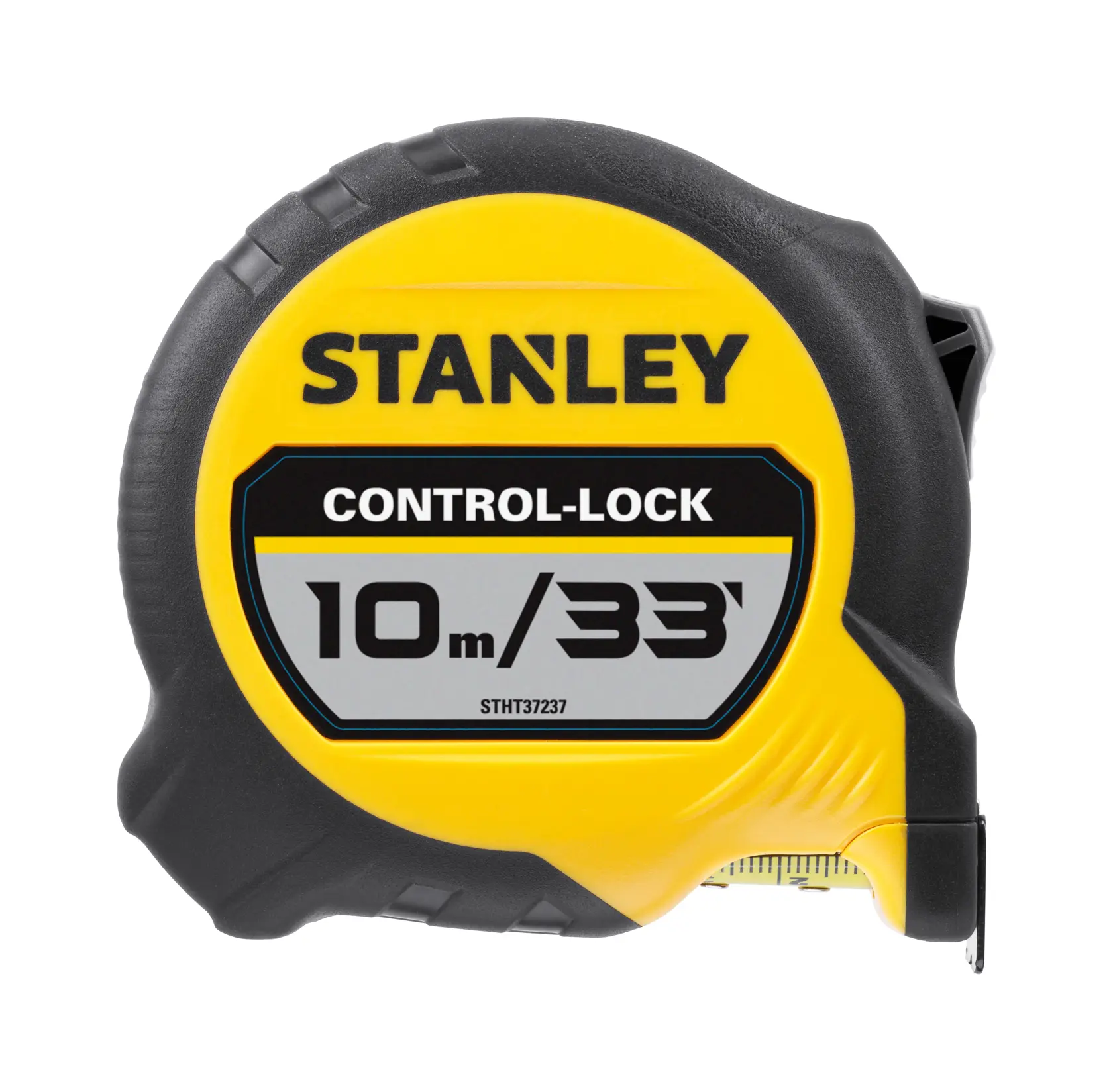 Stanley STHT37237 tape measure, yellow and black, 10m/33ft, front angle on white background.