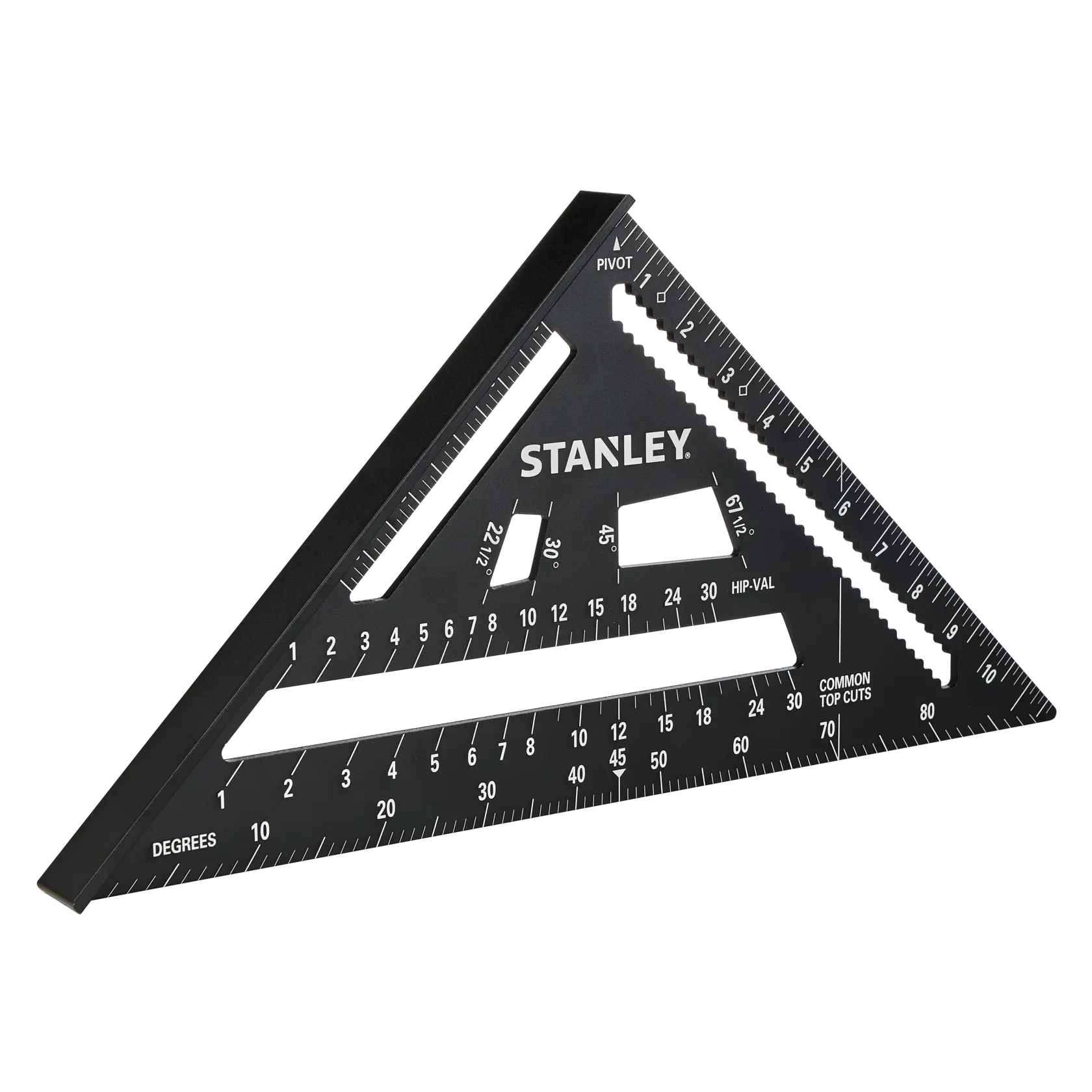 STANLEY STHT46105-0 black triangular rafter square with measurement markings, side angle, hand tool.
