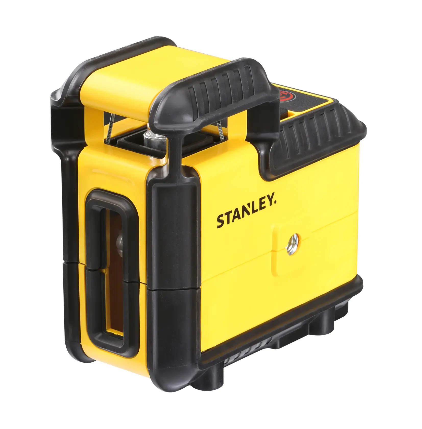 Photo of STANLEY STHT77504-1 yellow and black laser level, front angled on white background.