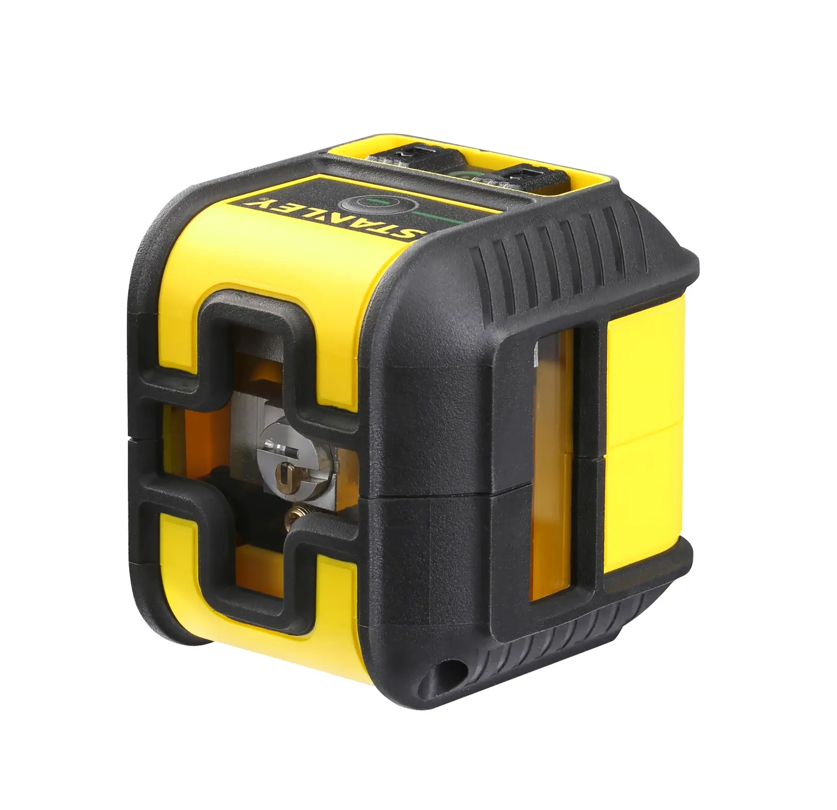 STANLEY STHT77592-1 cross line laser level, yellow and black, angled view on white background.