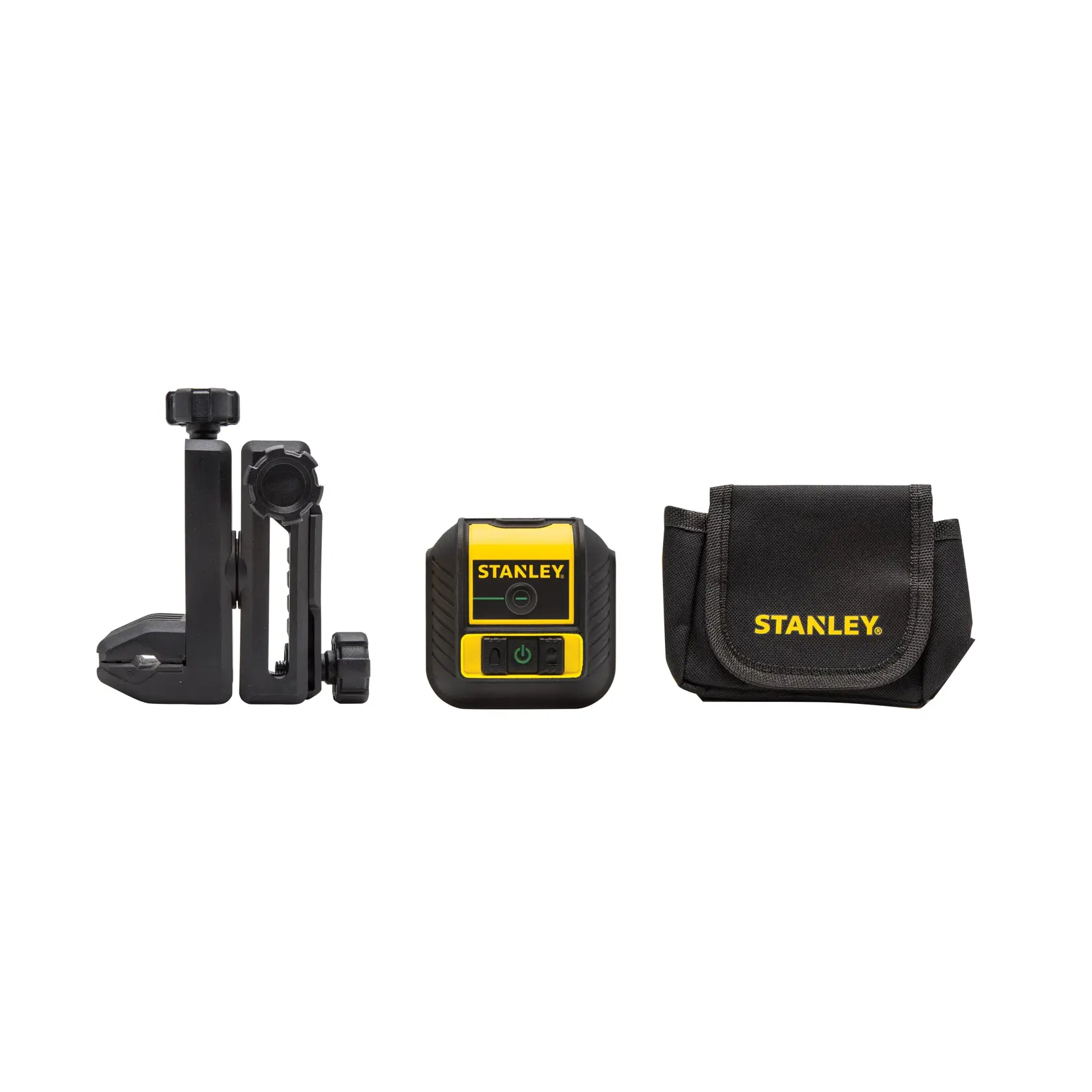STANLEY STHT77592-1 laser level kit with mounting bracket and black carrying pouch, front view on white background.
