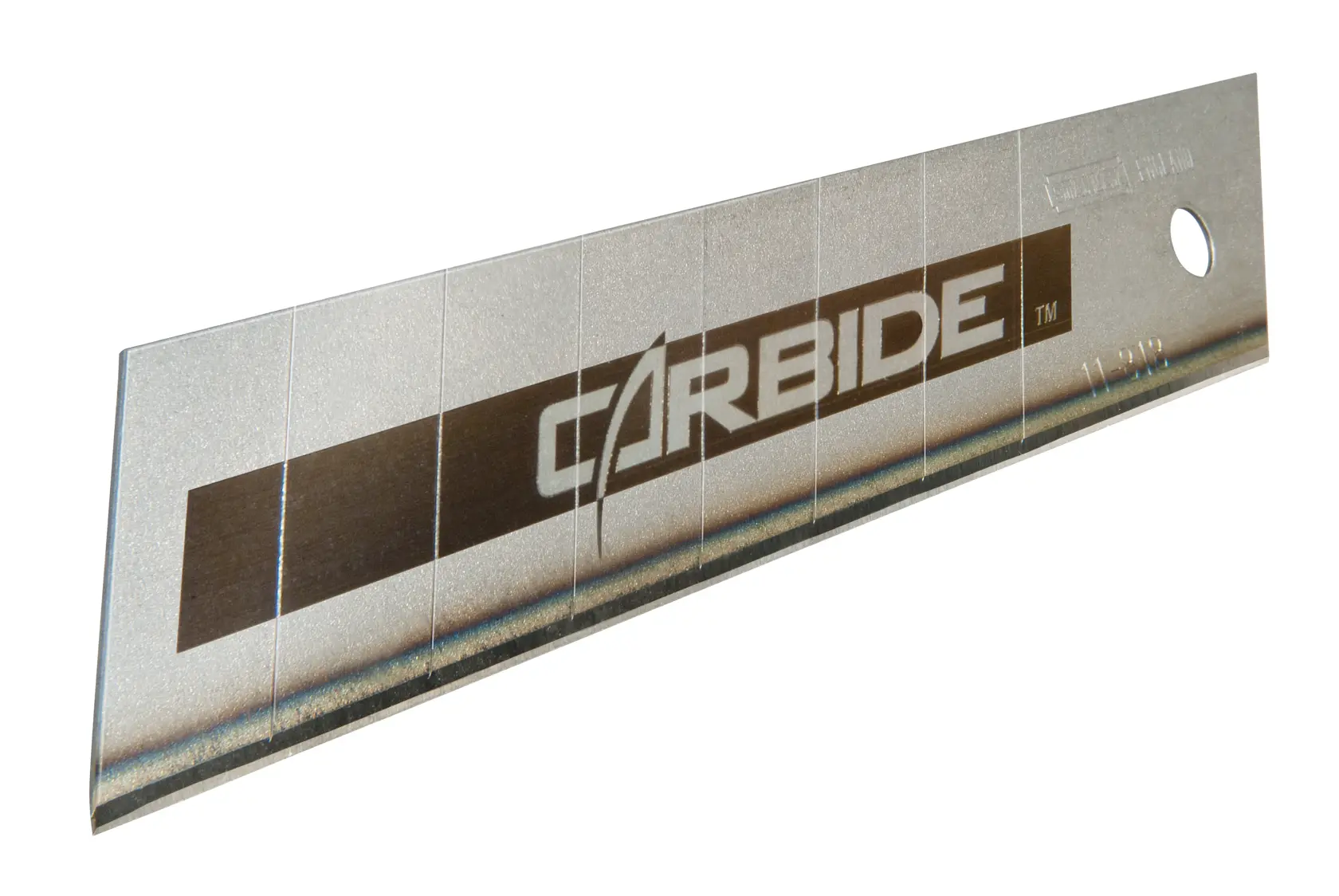 STANLEY STHT8-11818 utility knife blade, silver with carbide label, side angle, photography
