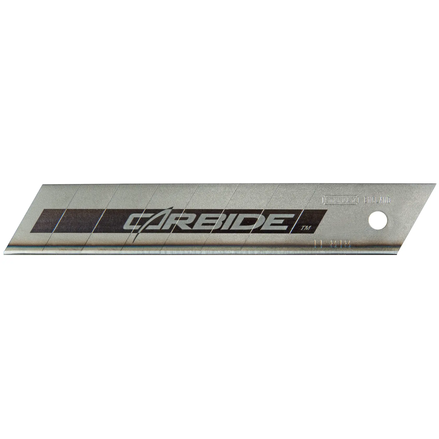 STANLEY STHT8-11818 snap-off utility blade, silver metal with carbide branding, side view on white background.