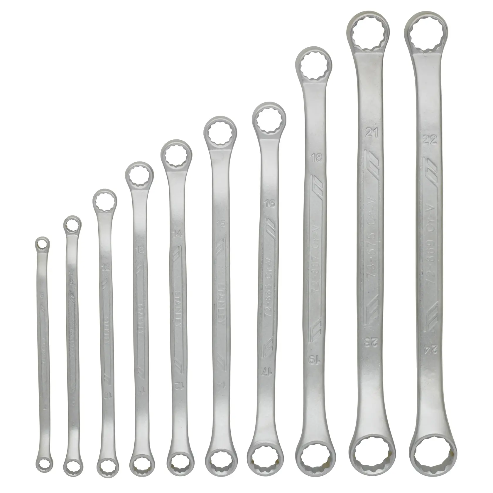 Set of ten double-ended ring spanners in assorted sizes, arranged from smallest to largest.