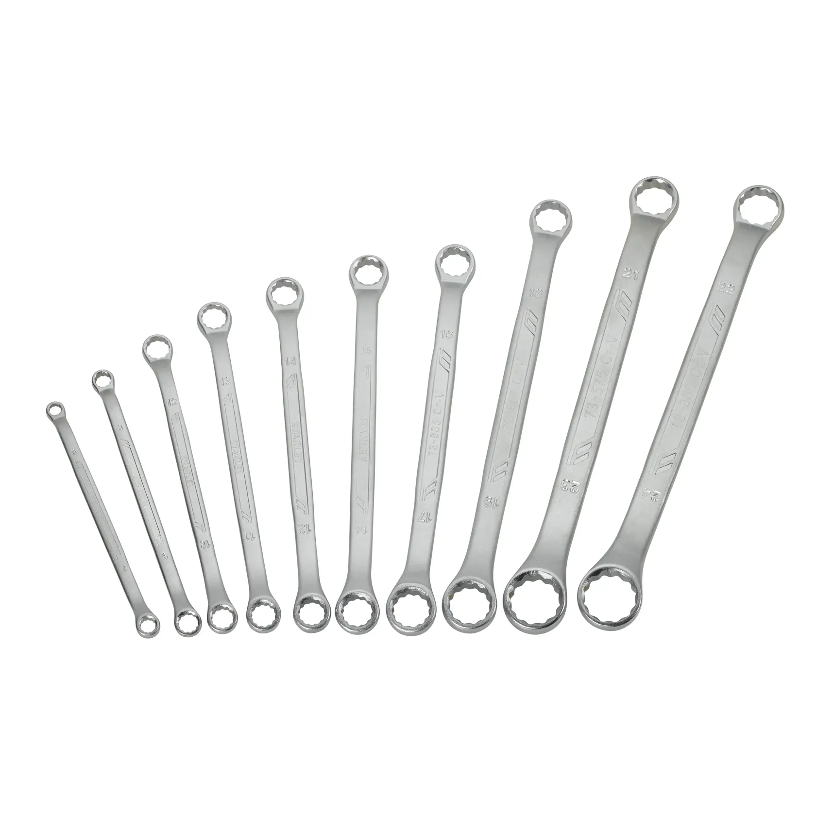 STANLEY STMT1-74177 photography of 10-piece silver box end wrench set, aligned in size order on white background.