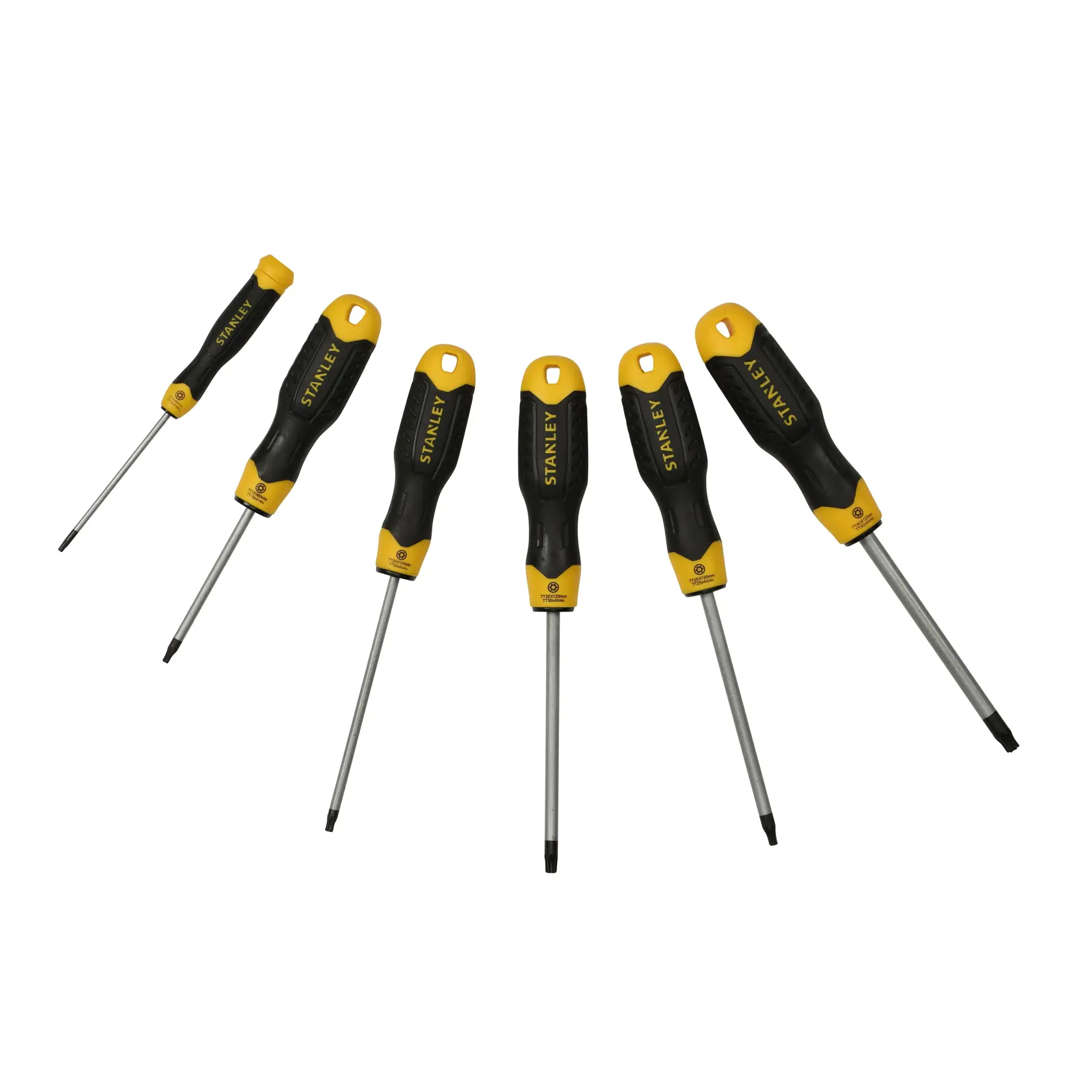 Six STANLEY screwdrivers with black and yellow handles arranged in a row, various sizes and types.