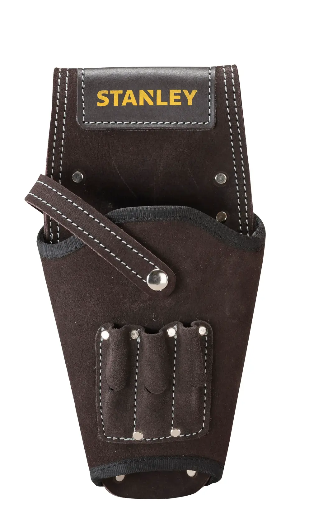 STANLEY STST1-80118 leather tool holster, brown with white stitching, front angle on white background.